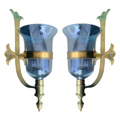 Pair of Brass and Glass Chapman Style Hurricane Wall Sconces, circa 1970s