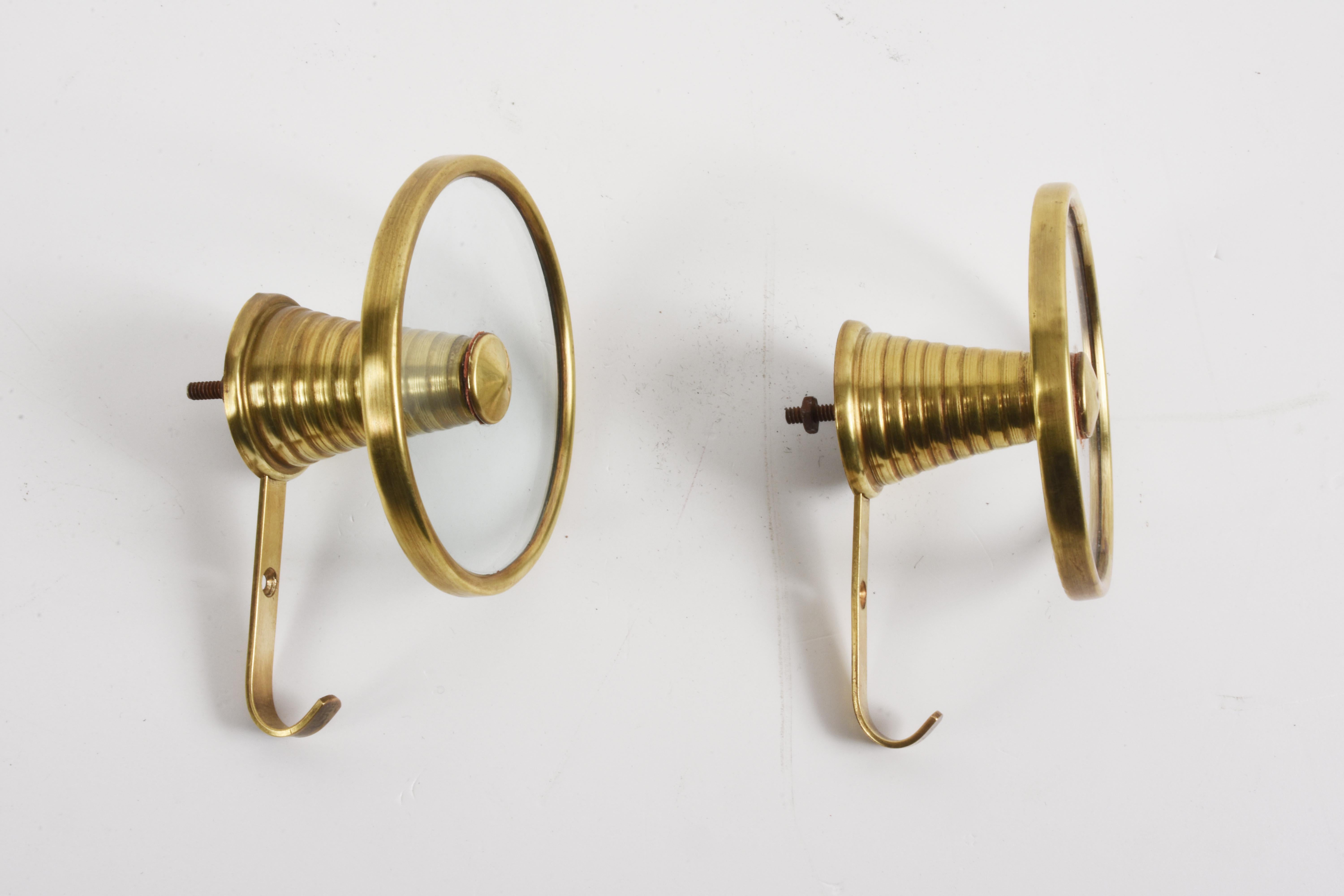 Mid-Century Modern Pair of Brass and Glass Coat Italian Hooks Attributed to Fontana Arte, 1950s