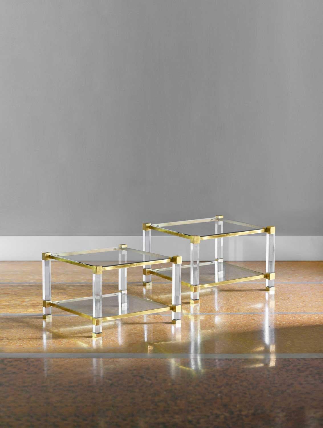 Brass Pair of brass and glass coffee tables 1970 For Sale
