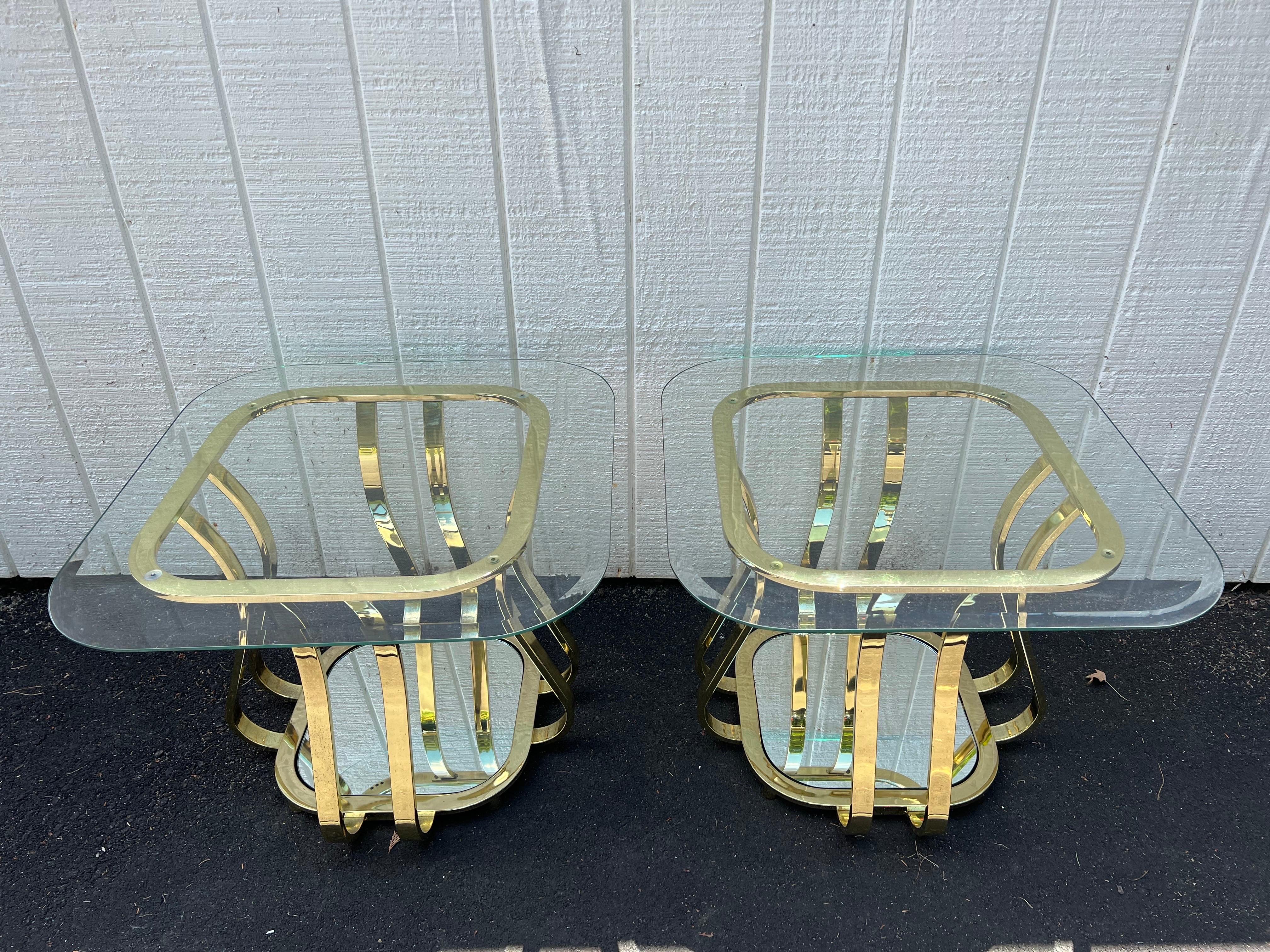 Hollywood Regency Pair of Brass and Glass End or Side Tables For Sale
