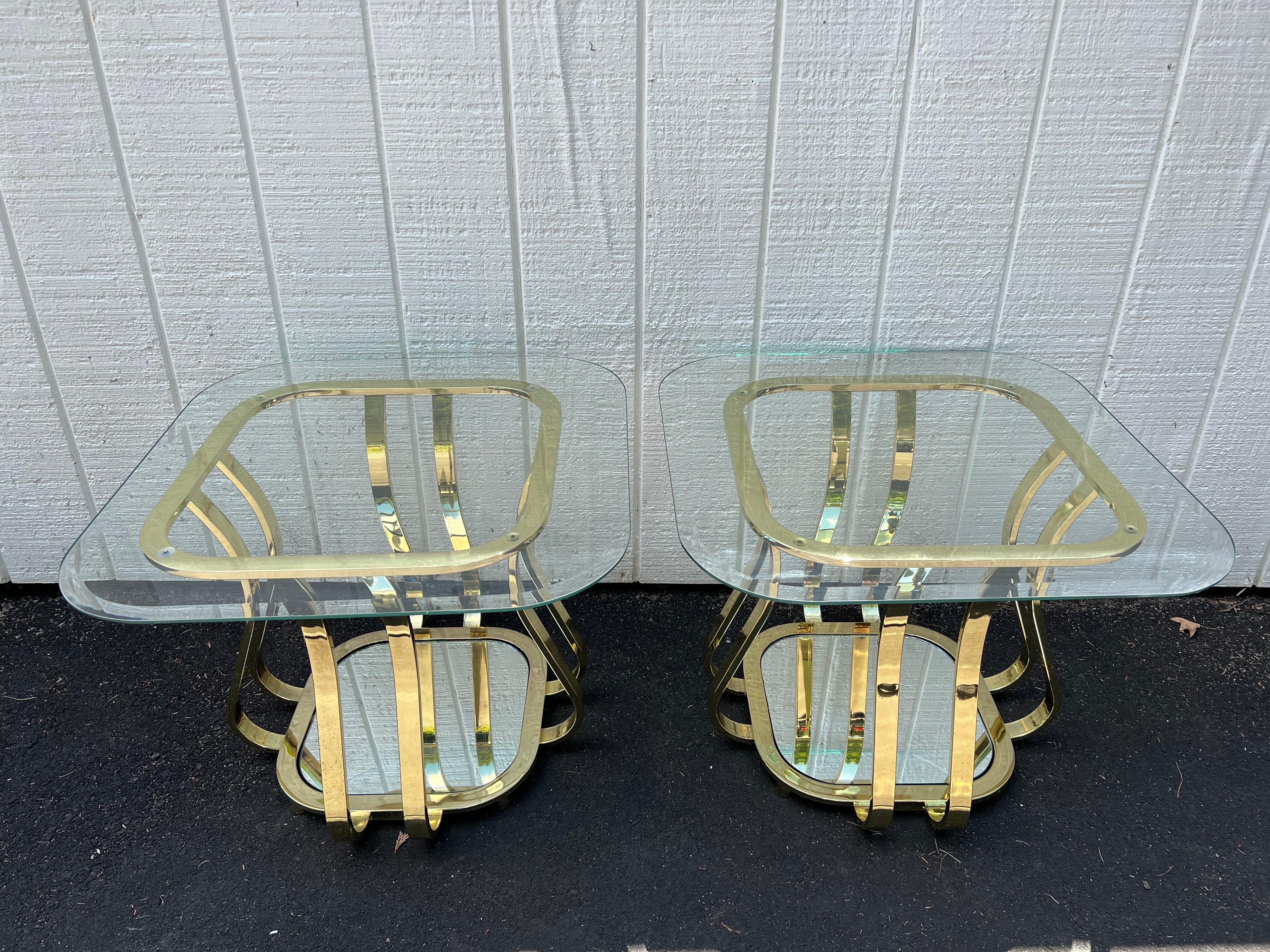 Pair of Brass and Glass End or Side Tables In Good Condition For Sale In Redding, CT