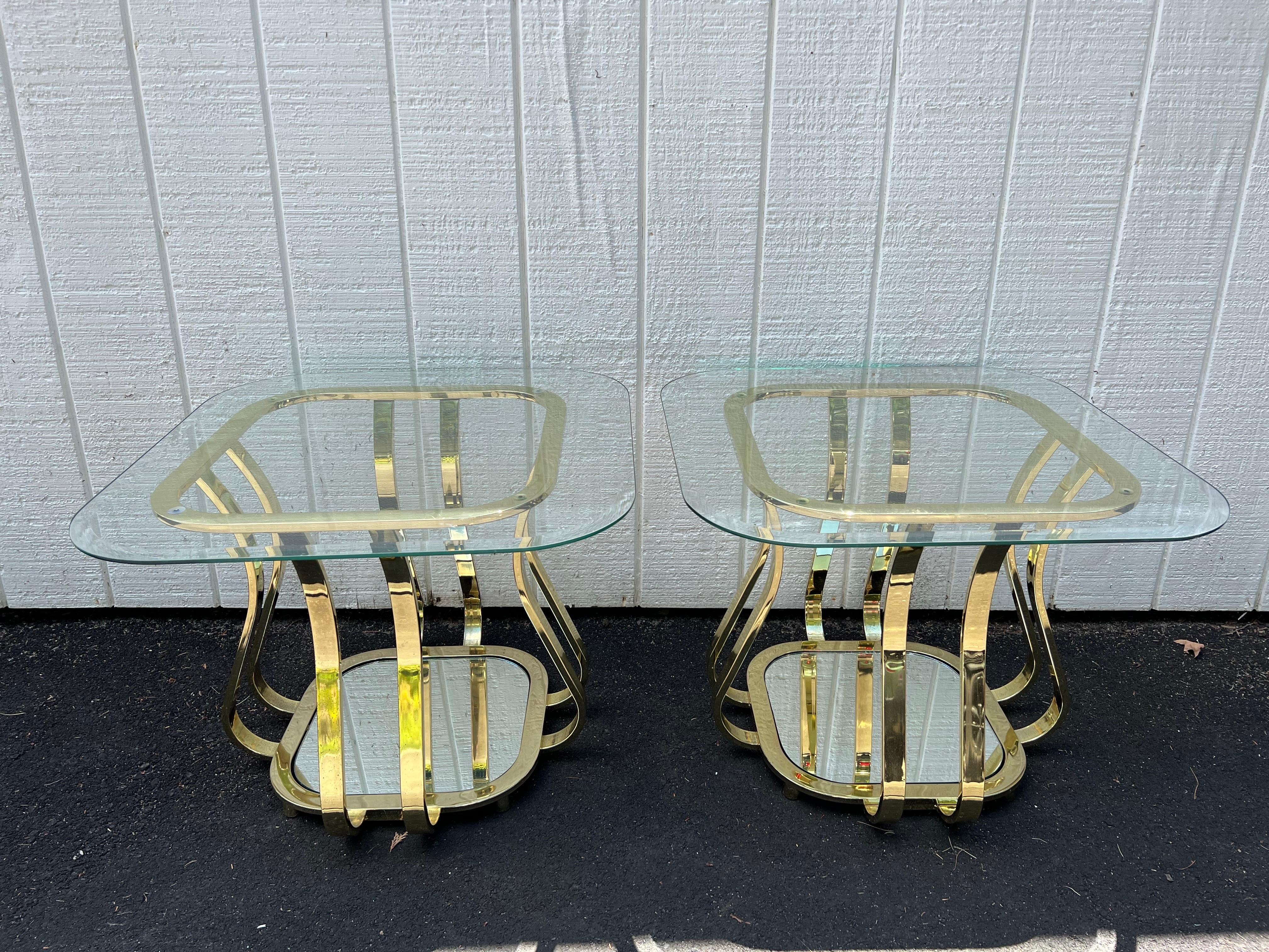 20th Century Pair of Brass and Glass End or Side Tables For Sale