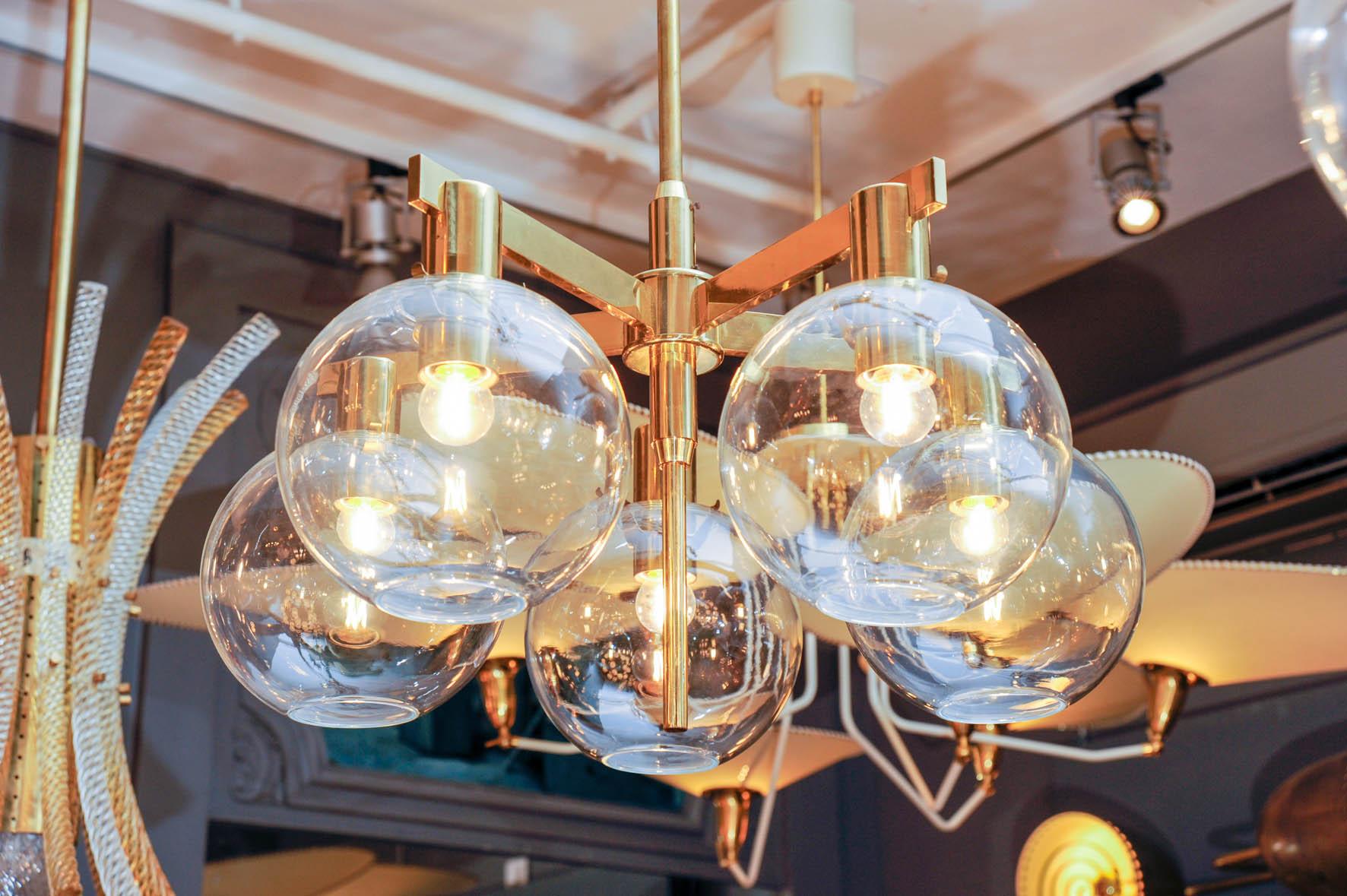 Swedish Pair of Brass and Glass Five Lights Chandeliers by Hans Agne Jakobsson For Sale
