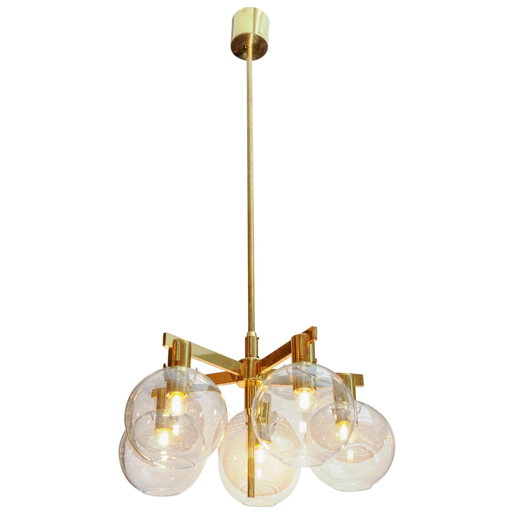 Pair of Brass and Glass Five Lights Chandeliers by Hans Agne Jakobsson