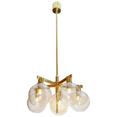 Pair of Brass and Glass Five Lights Chandeliers by Hans Agne Jakobsson