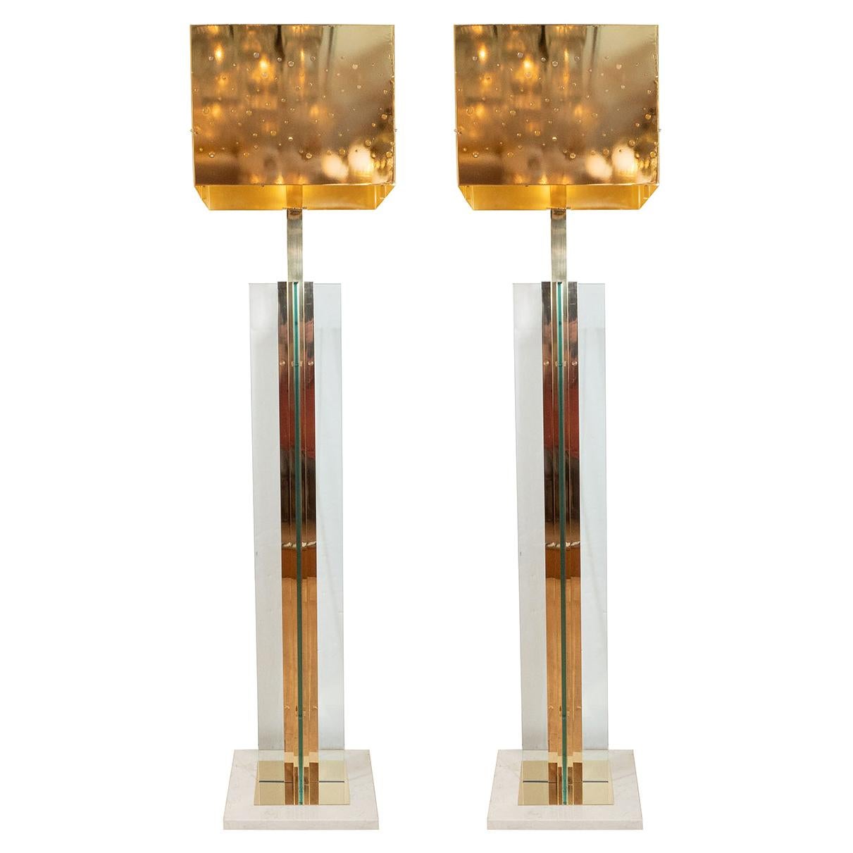 Pair of Brass and Glass Floor Lamps