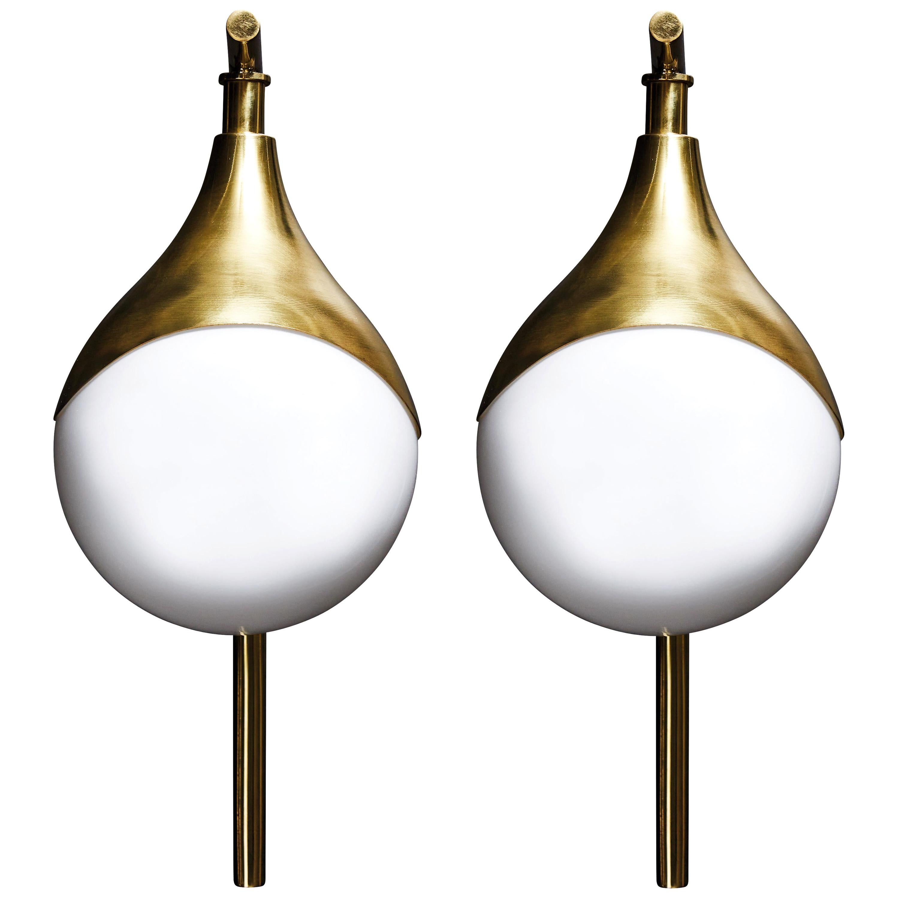 Pair of Brass and Glass Globe Wall Sconces