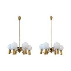 Pair of Brass and Glass Globes Chandeliers by Hans-Agne Jakobsson