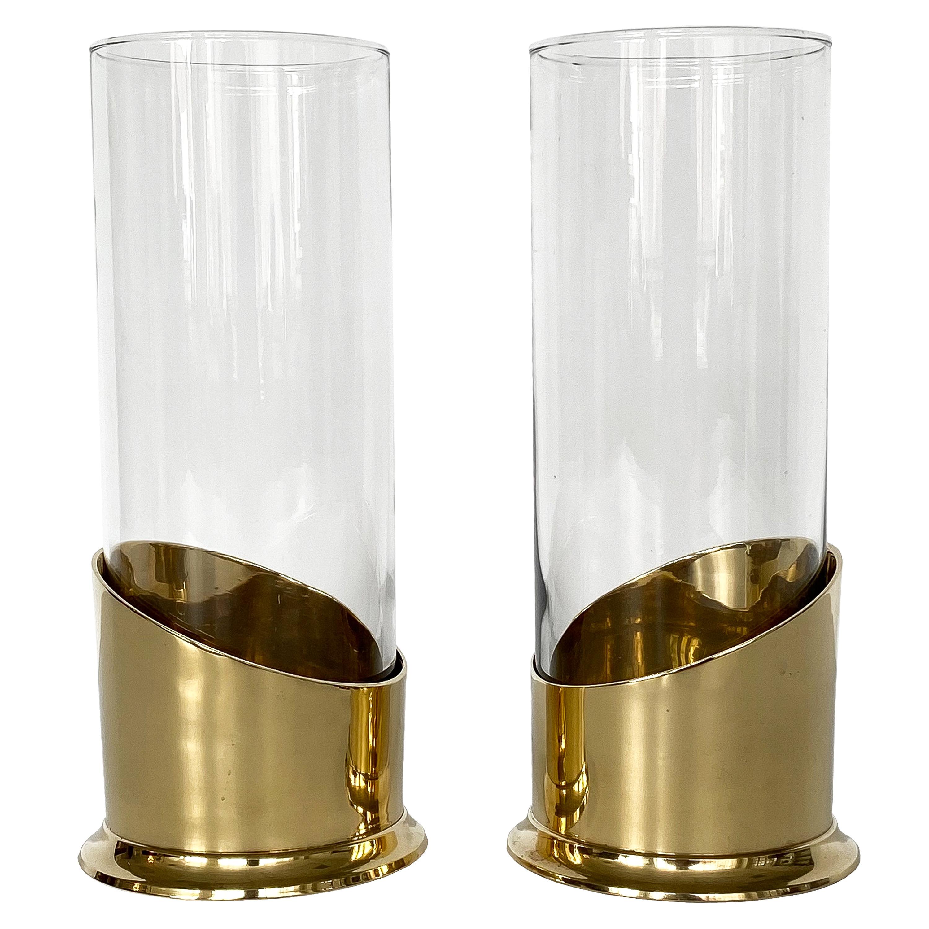 Pair of Brass and Glass Hurricane Candleholders / Vases