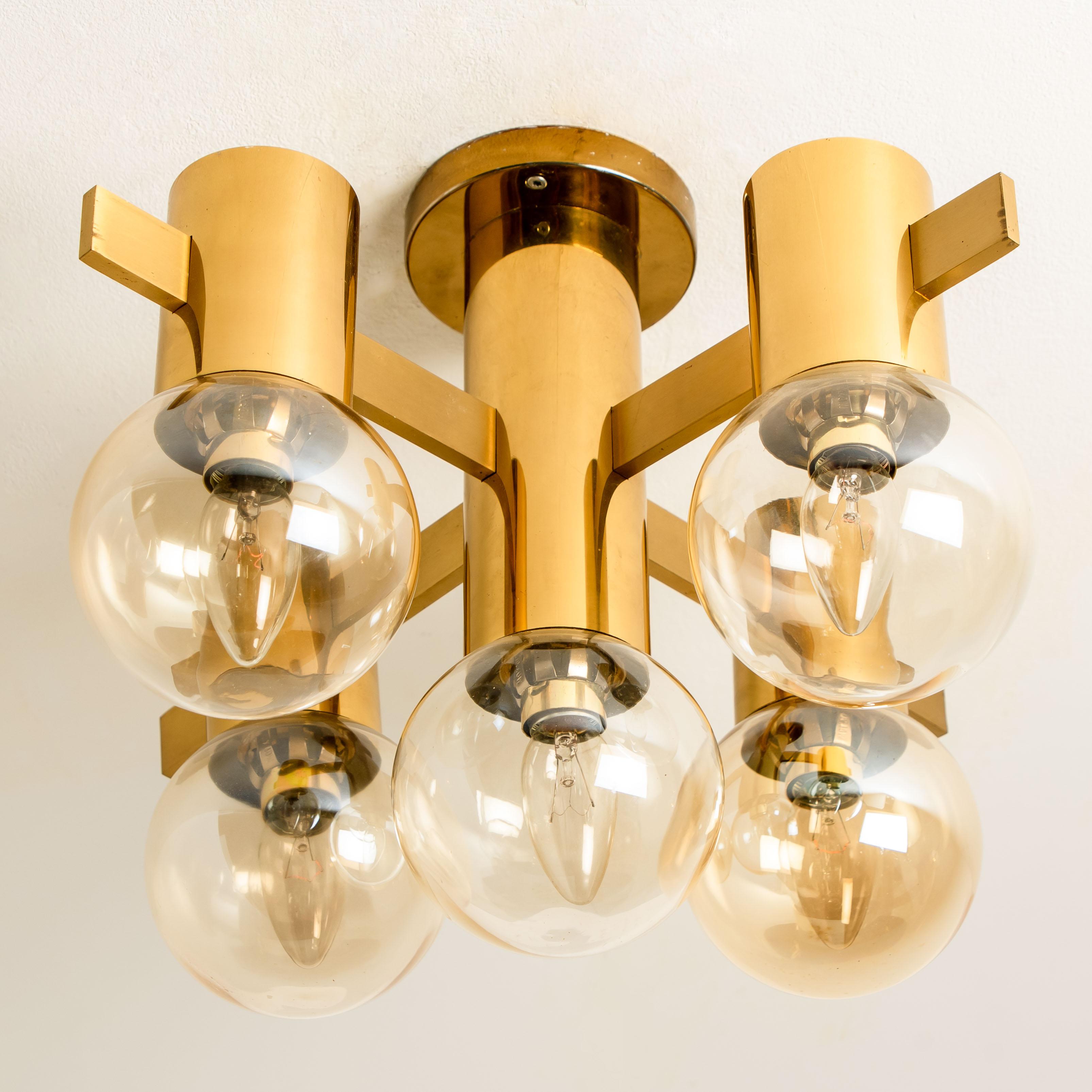 Mid-20th Century Pair of Brass and Glass Light Fixtures in the Style of Jakobsson, 1960s For Sale