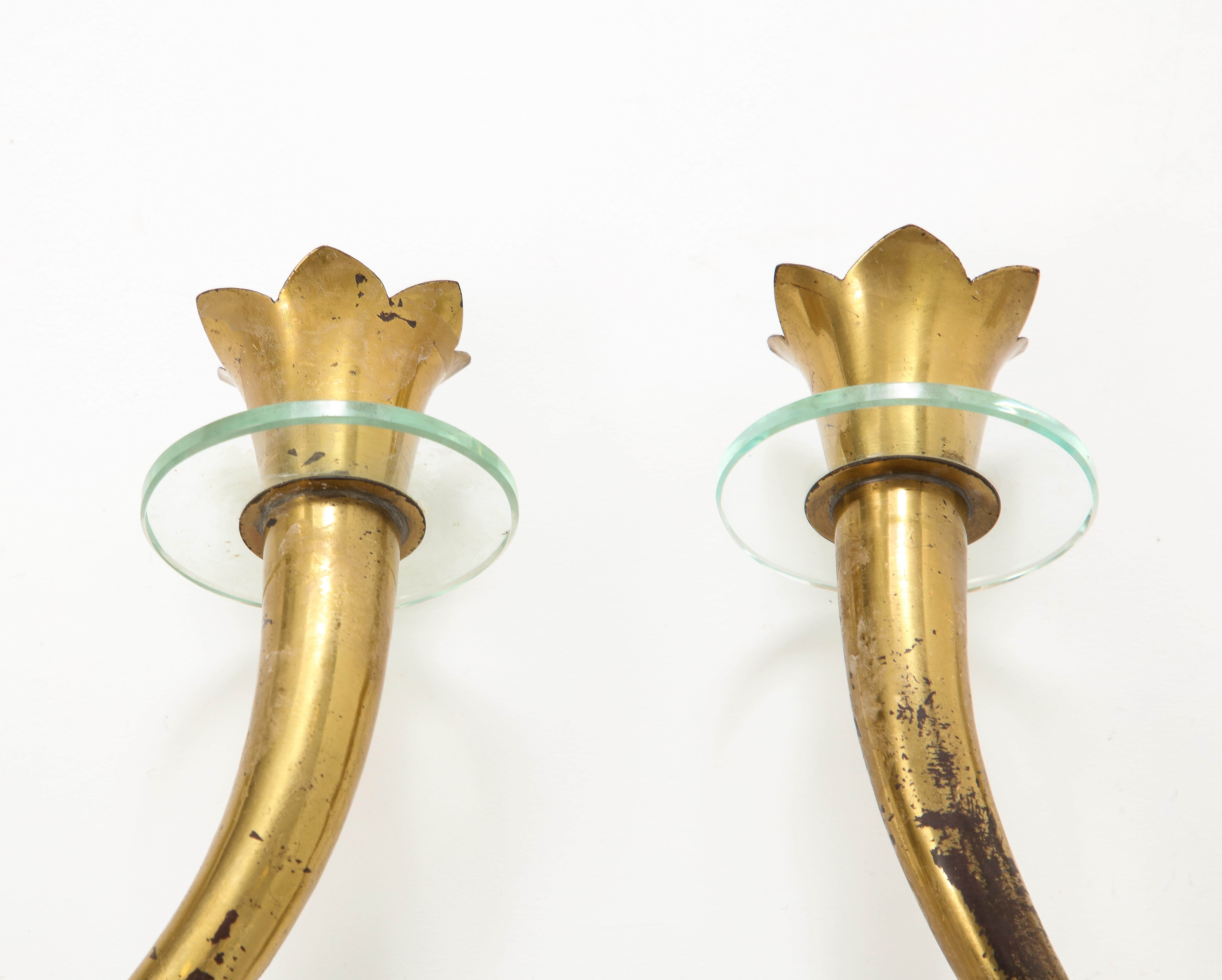 Pair of Brass and Glass Modernist Sconces Att. Emilio Lancia - Italy 1950s In Fair Condition For Sale In New York, NY