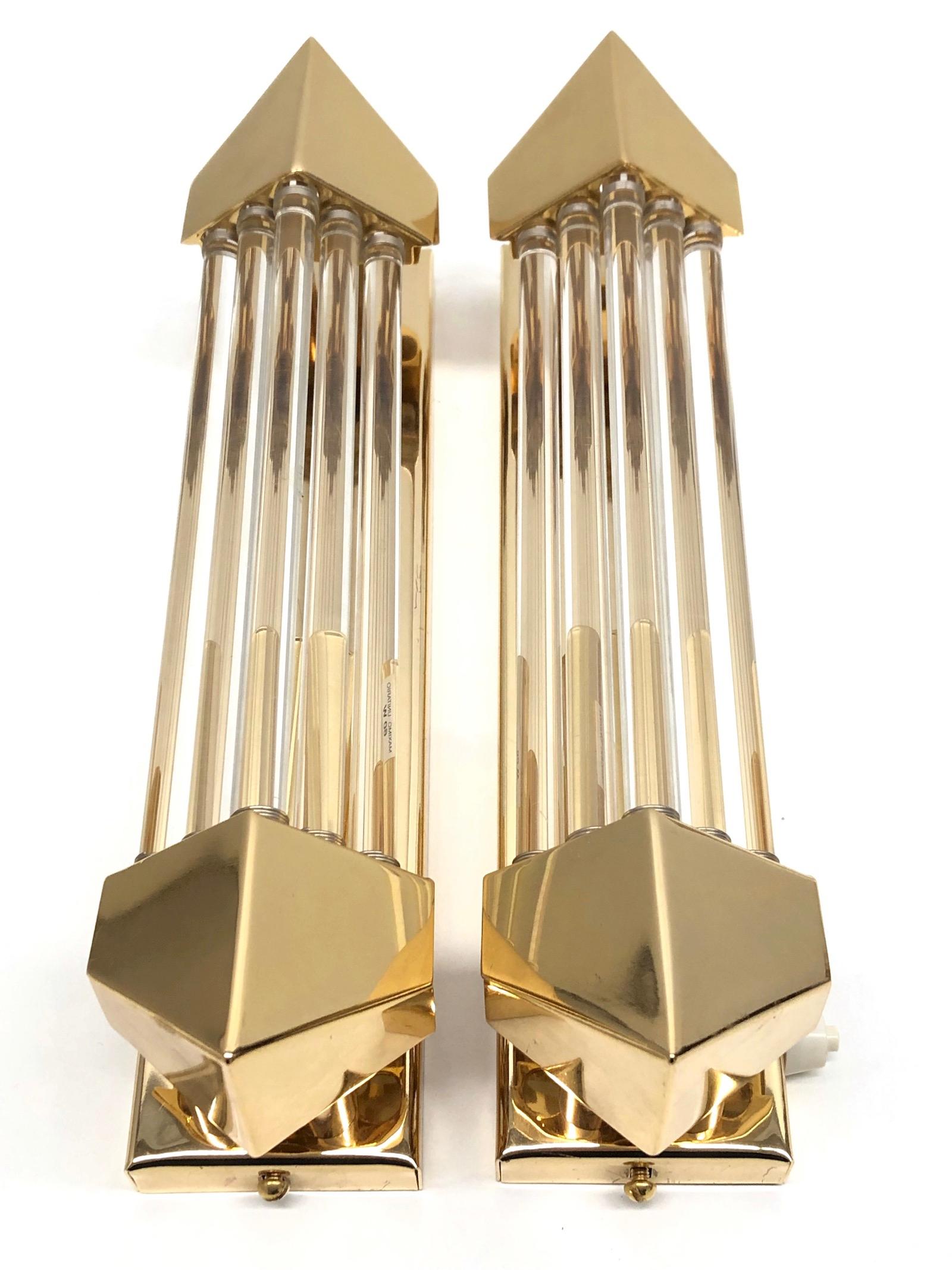 Pair of Brass and Glass Rod Wall Sconces Art Deco Style, Honsel Germany In Good Condition In Nuernberg, DE