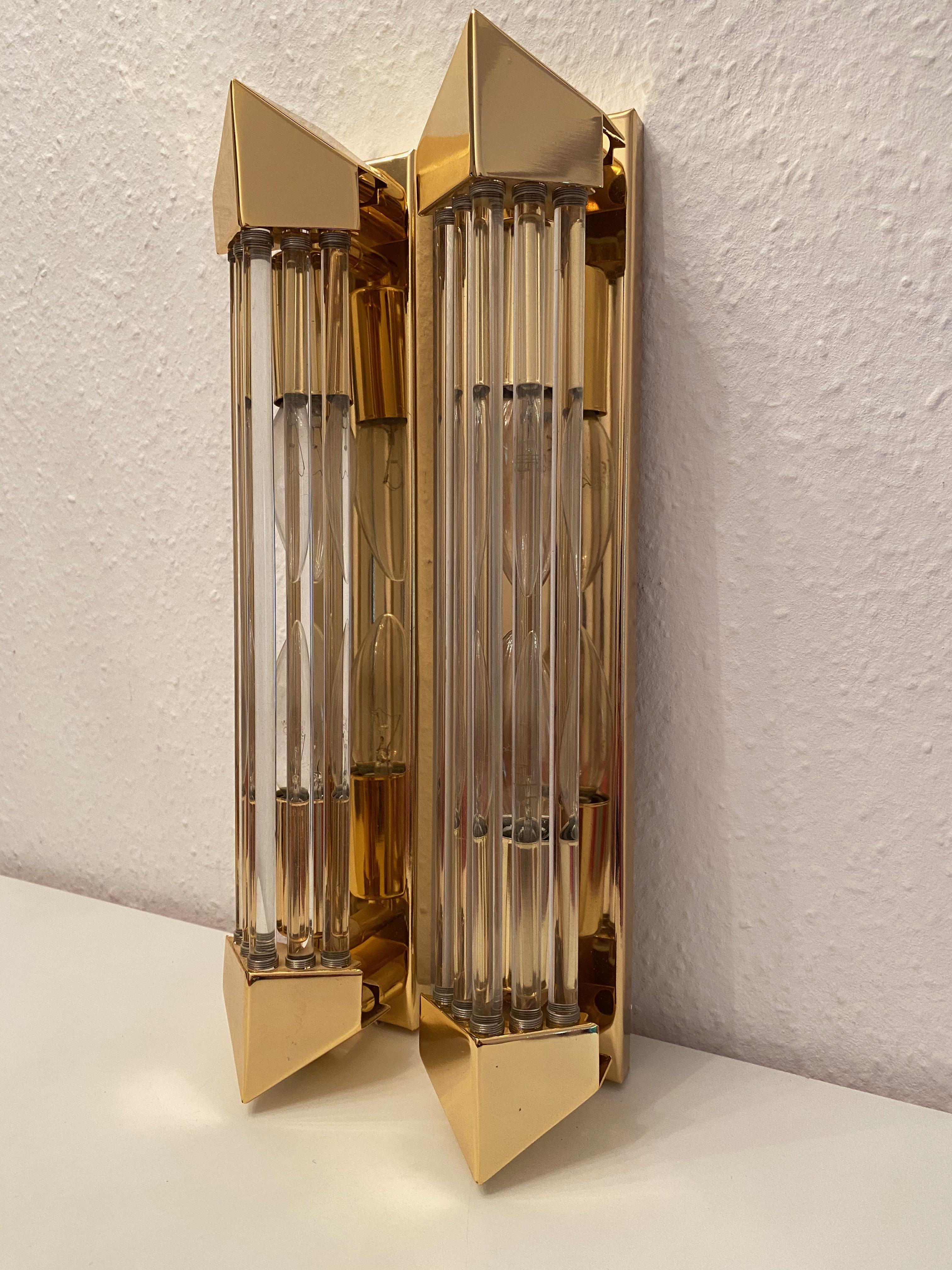Pair of Brass and Glass Rod Wall Sconces Art Deco Style, Honsel, Germany In Good Condition In Nuernberg, DE