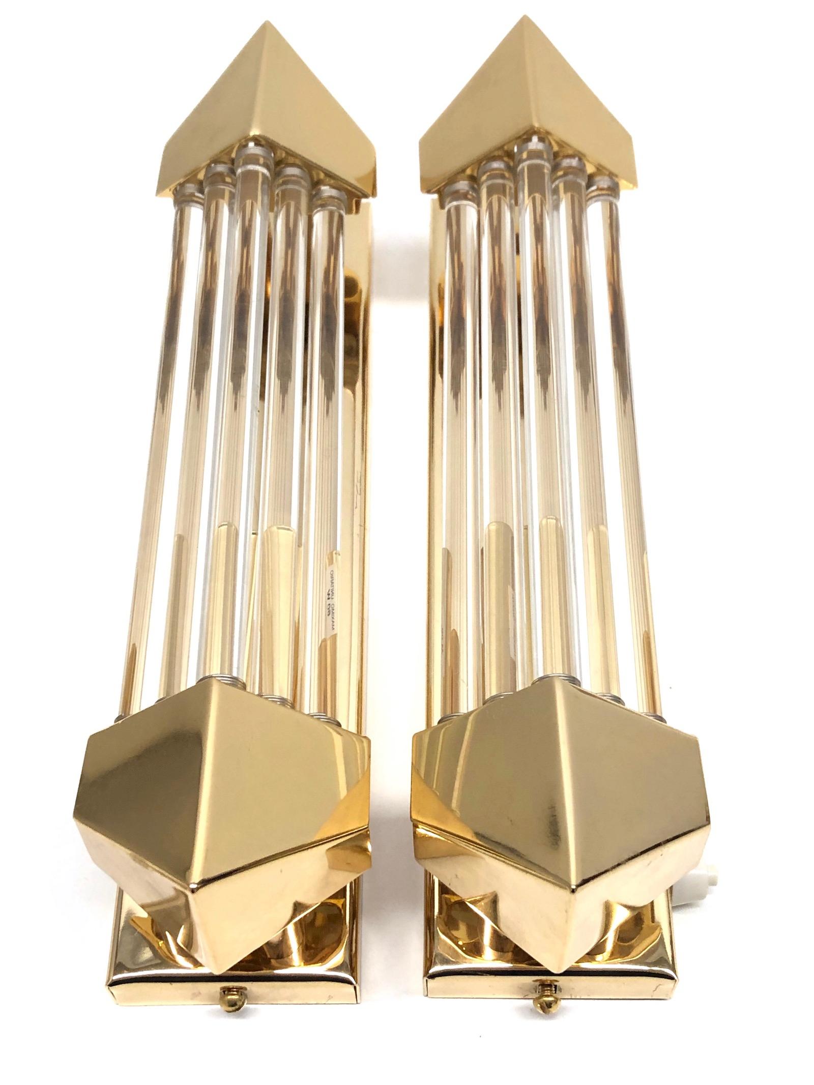 Late 20th Century Pair of Brass and Glass Rod Wall Sconces Art Deco Style, Honsel Germany