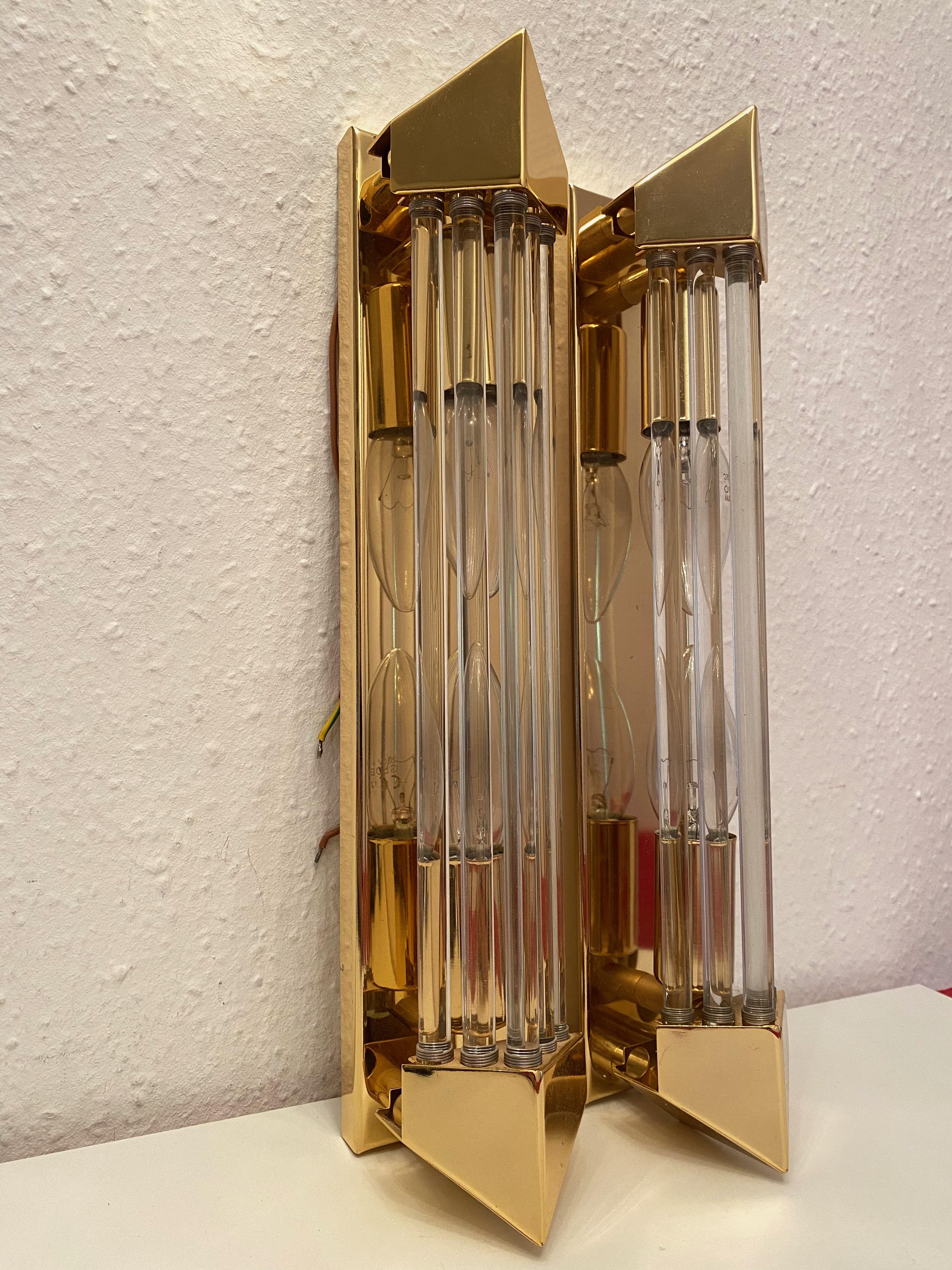 Late 20th Century Pair of Brass and Glass Rod Wall Sconces Art Deco Style, Honsel, Germany