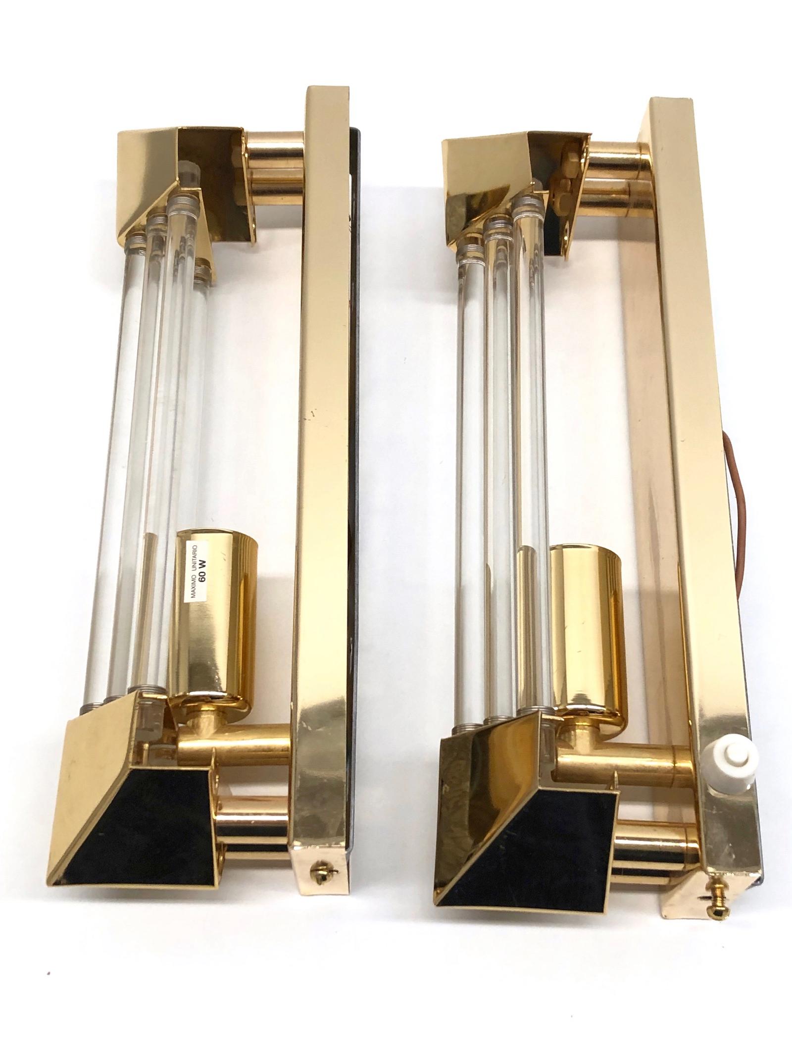 Pair of Brass and Glass Rod Wall Sconces Art Deco Style, Honsel Germany 1