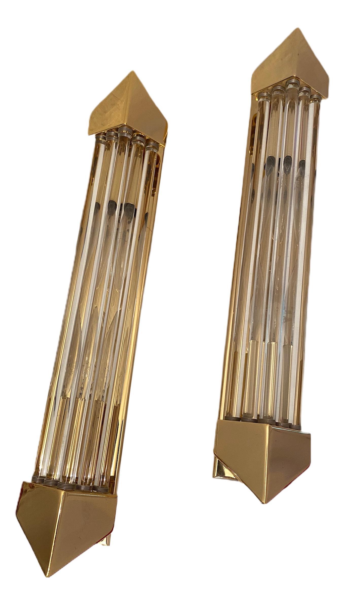 Pair of Brass and Glass Rod Wall Sconces Art Deco Style, Honsel, Germany 2