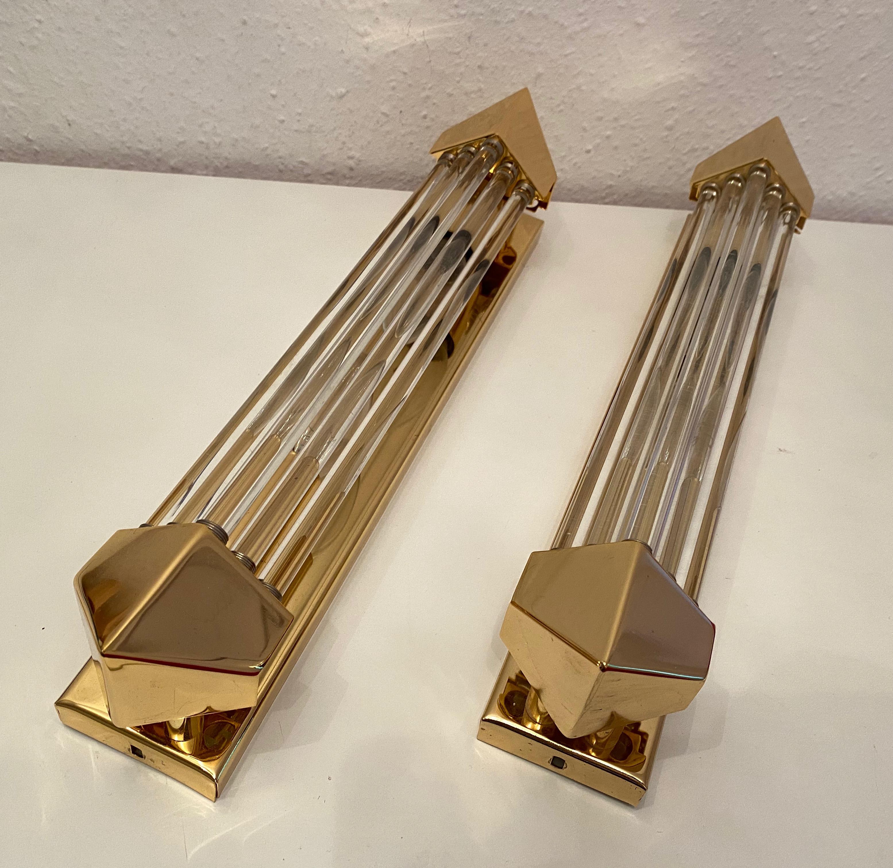 Pair of Brass and Glass Rod Wall Sconces Art Deco Style, Honsel, Germany 3