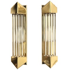 Pair of Brass and Glass Rod Wall Sconces Art Deco Style, Honsel Germany
