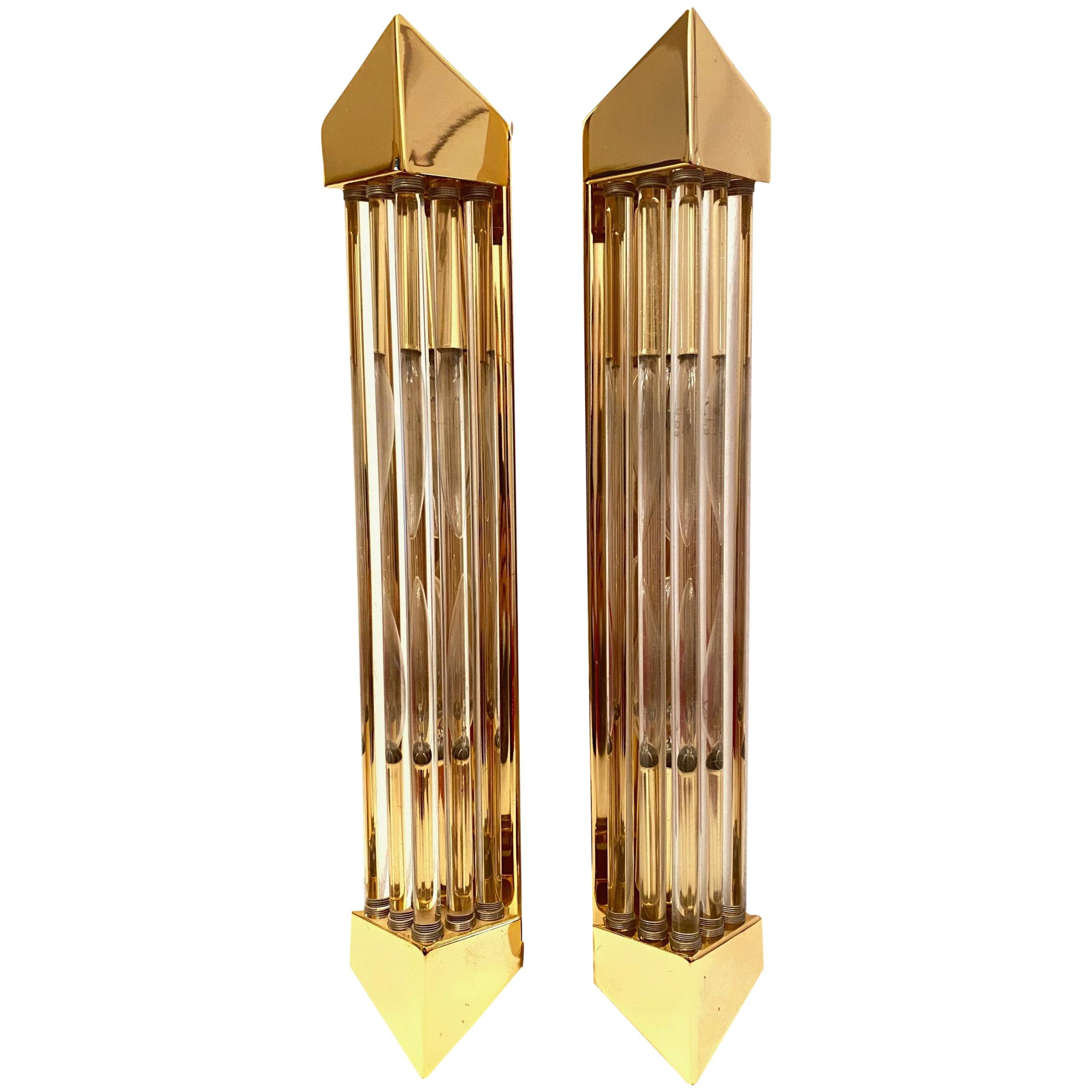 Pair of Brass and Glass Rod Wall Sconces Art Deco Style, Honsel, Germany