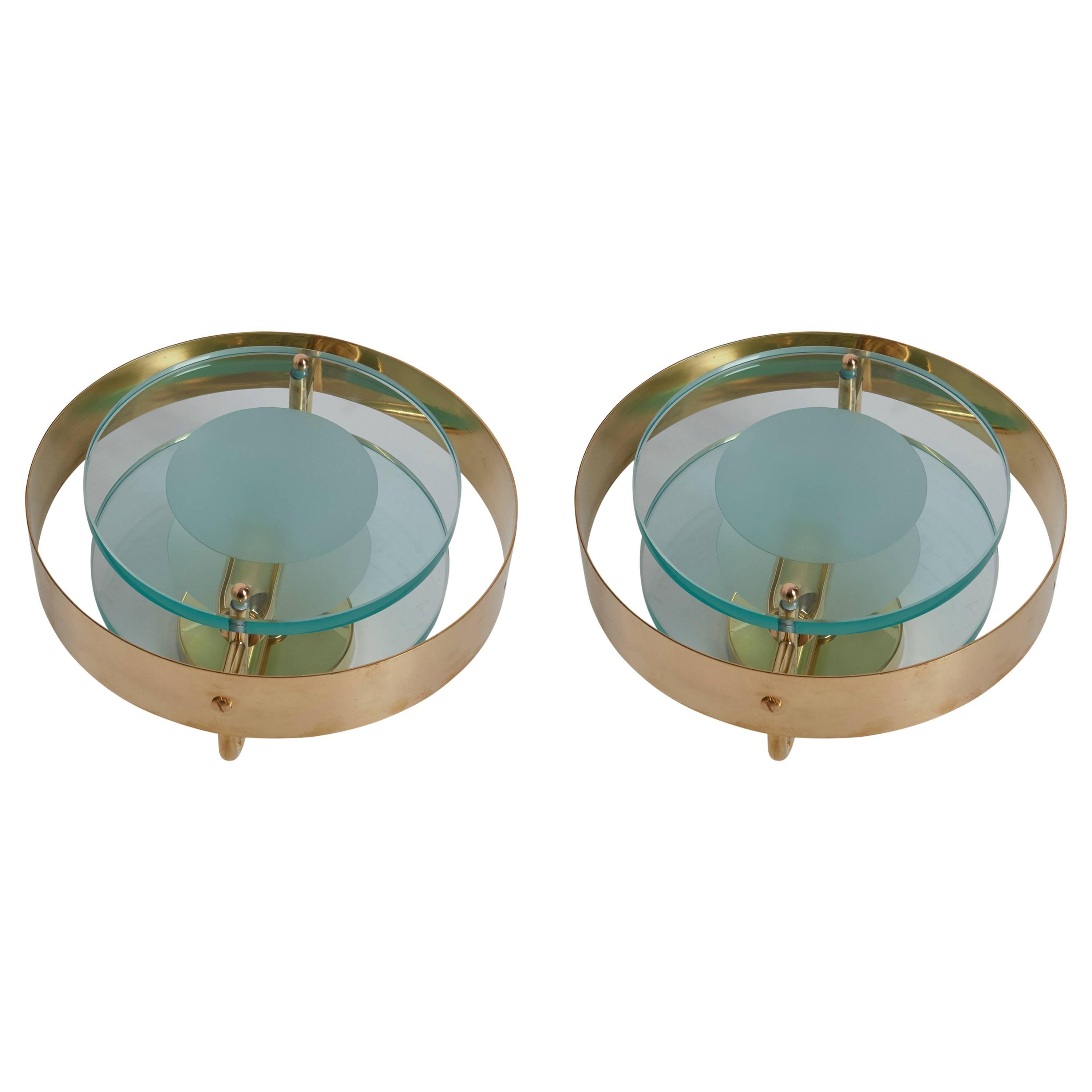 Pair of Brass and Glass Sconces in the Manner of Max Ingrand and Fontana Arte