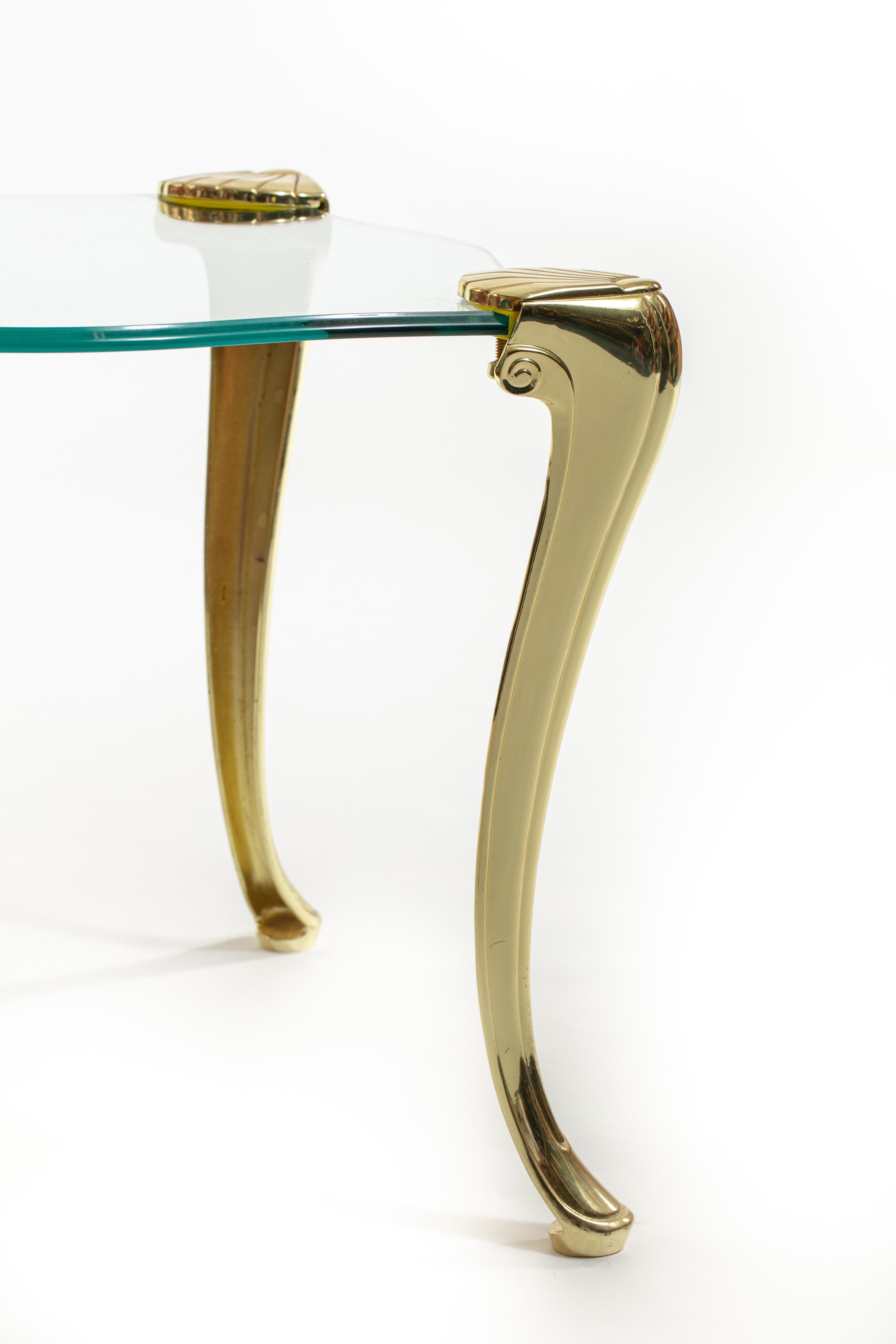 Hollywood Regency Pair of Brass and Glass Serpentine End Tables Attributed to Chapman For Sale