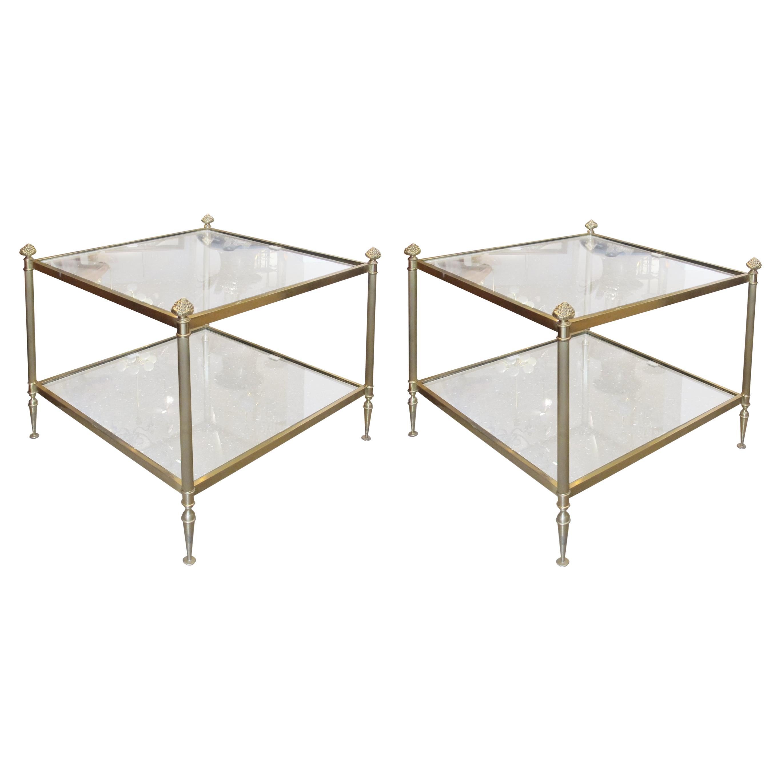 Pair of Brass and Glass Side Tables, French 1950s For Sale