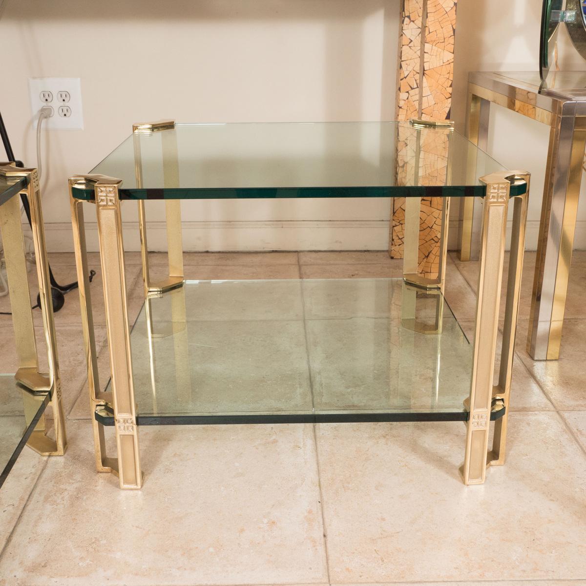Italian Pair of brass and glass square end tables For Sale
