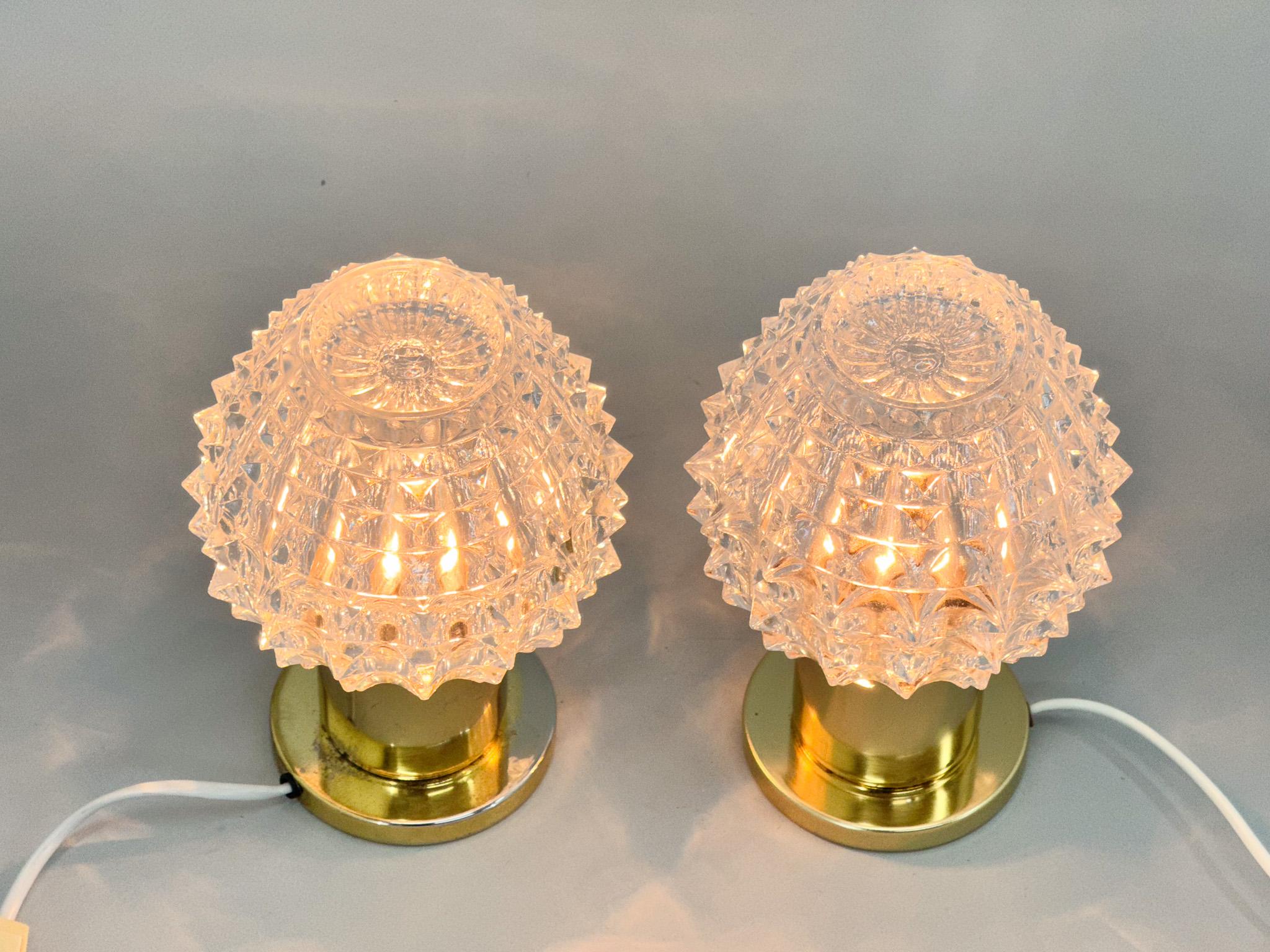 Mid-Century Modern Pair of Brass and Glass Table Lamps by Kamenicky Senov, 1970s For Sale