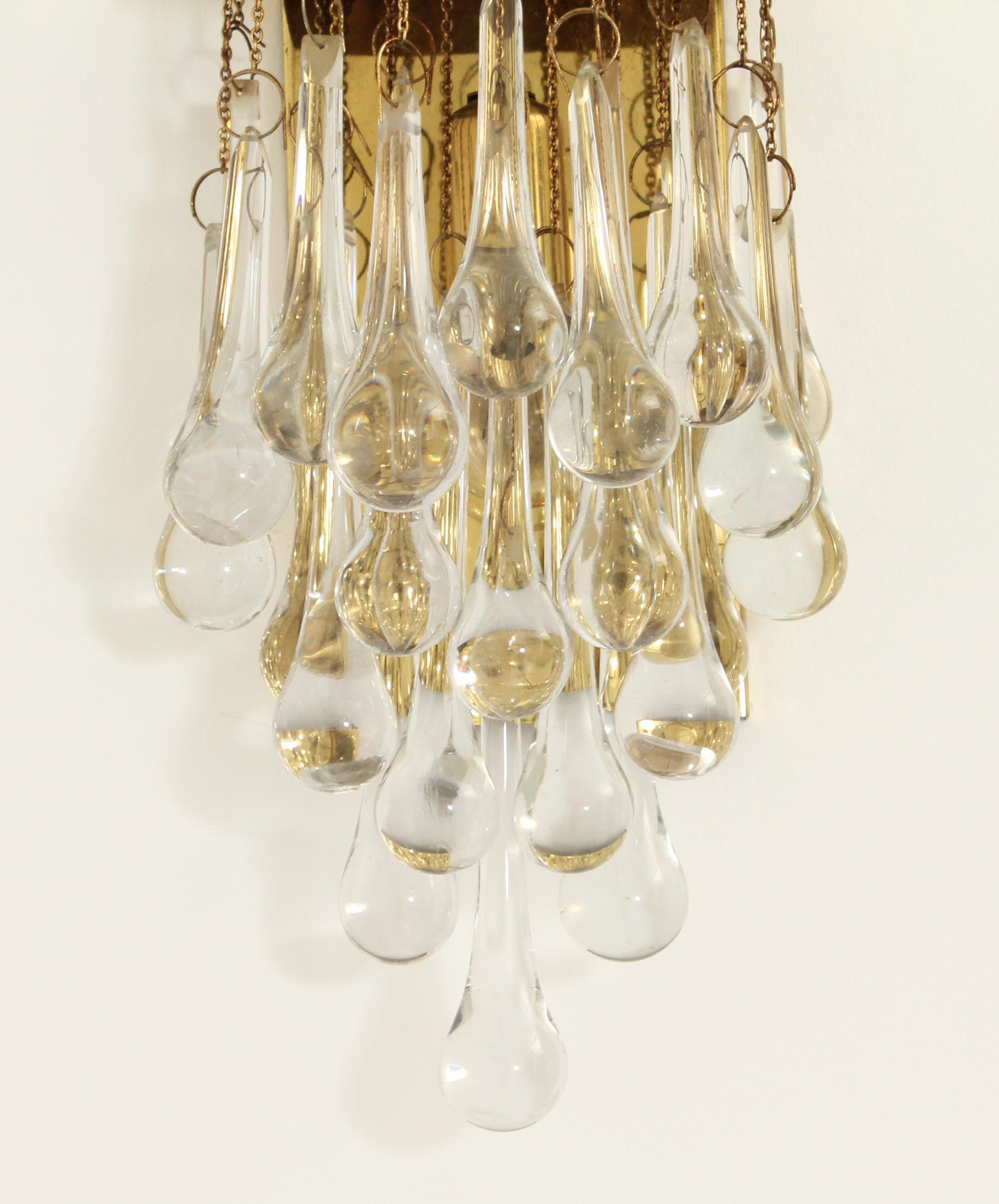 Spanish Pair of Brass and Glass Teardrop Sconces by Lumica, Spain, 1970's For Sale
