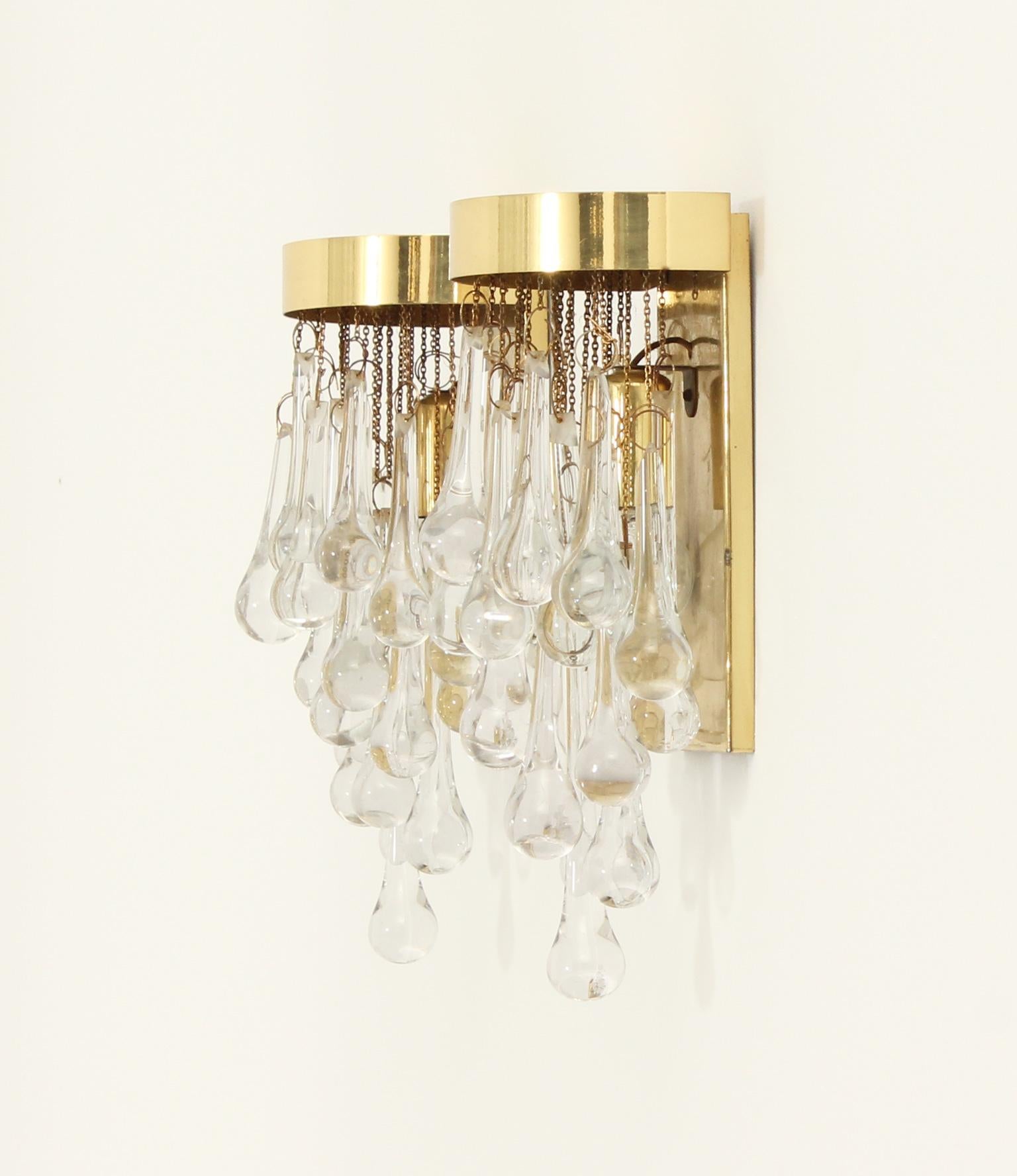 Late 20th Century Pair of Brass and Glass Teardrop Sconces by Lumica, Spain, 1970's For Sale