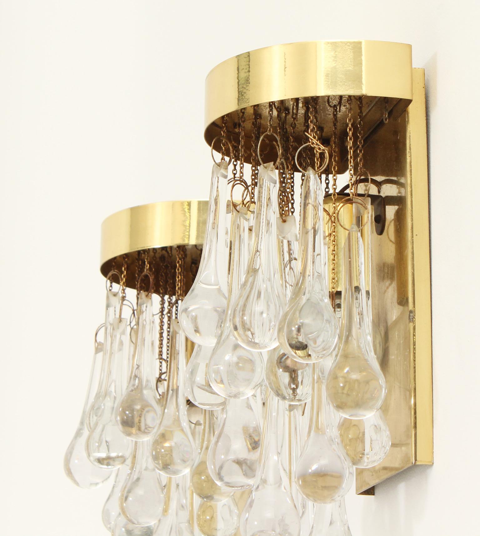 Pair of Brass and Glass Teardrop Sconces by Lumica, Spain, 1970's For Sale 1