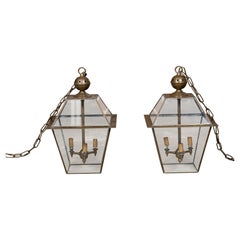 Pair of Brass and Glass Three-Light Lanterns with Tapering Lines