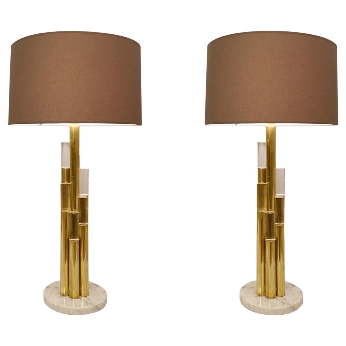 Pair of Brass and Glass Tubes Table Lamps, Italy