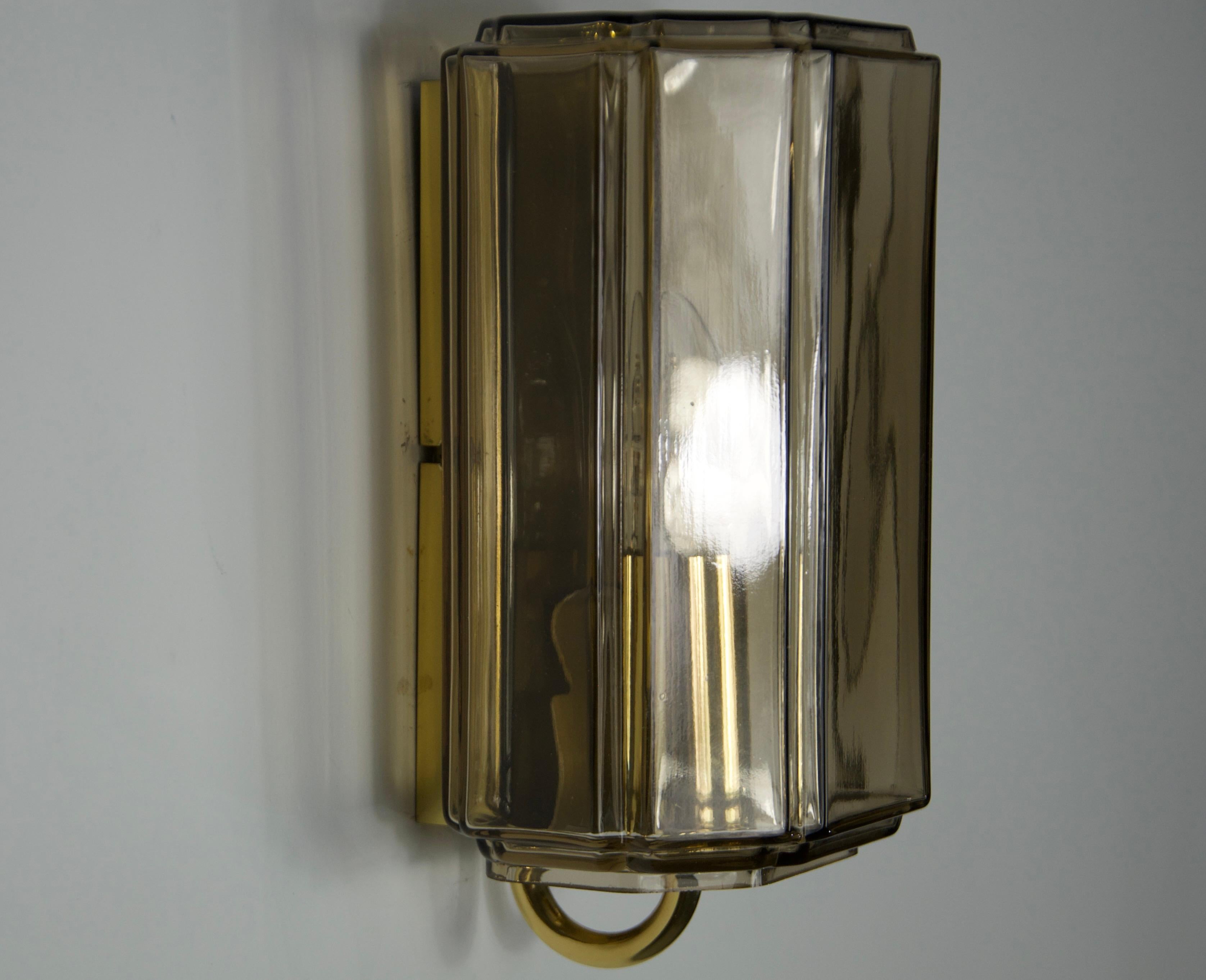 Pair of Brass and Glass Wall Lamps by Glashütte Limburg, 1960s For Sale 5