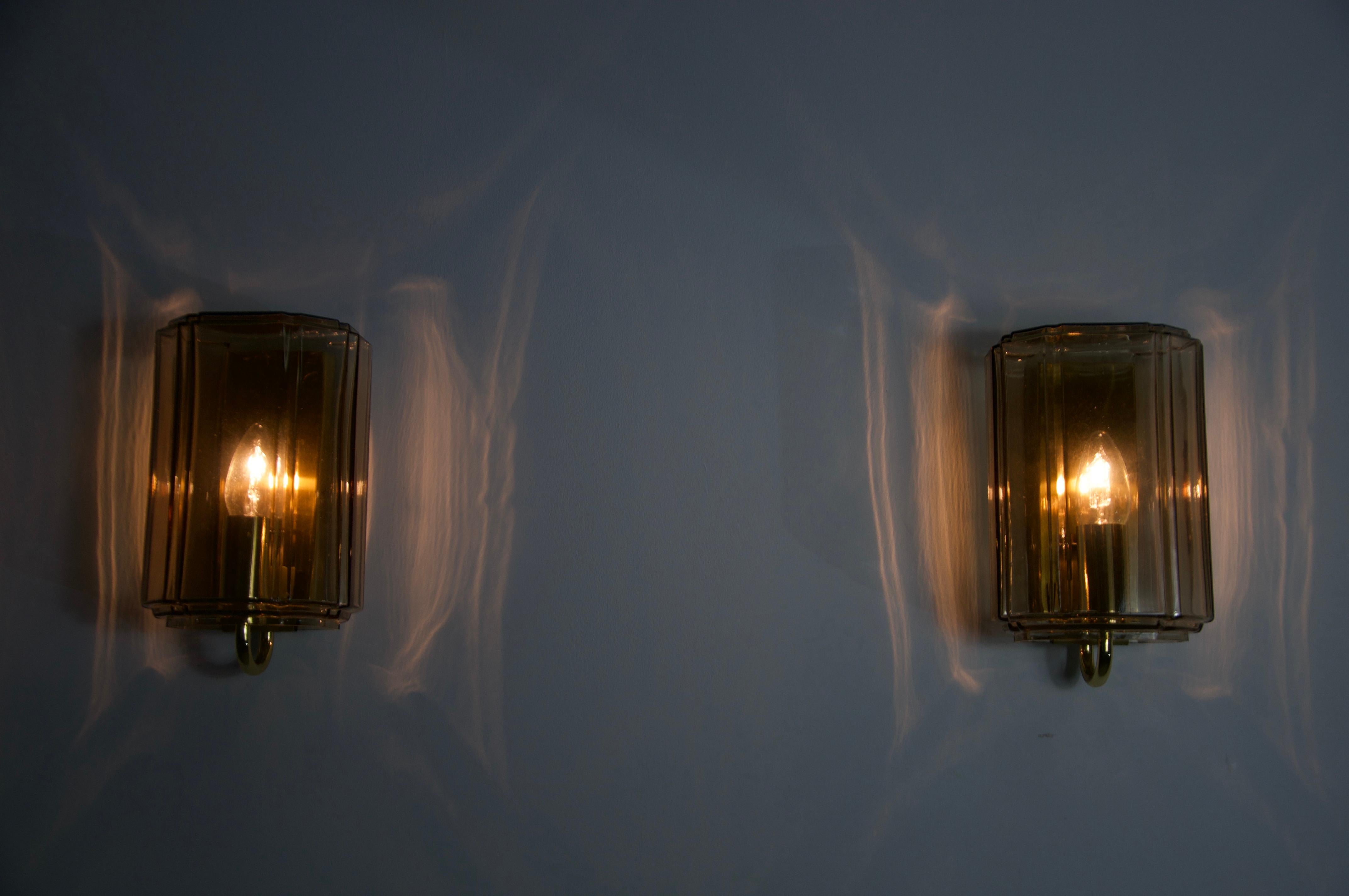 Pair of Brass and Glass Wall Lamps by Glashütte Limburg, 1960s For Sale 6