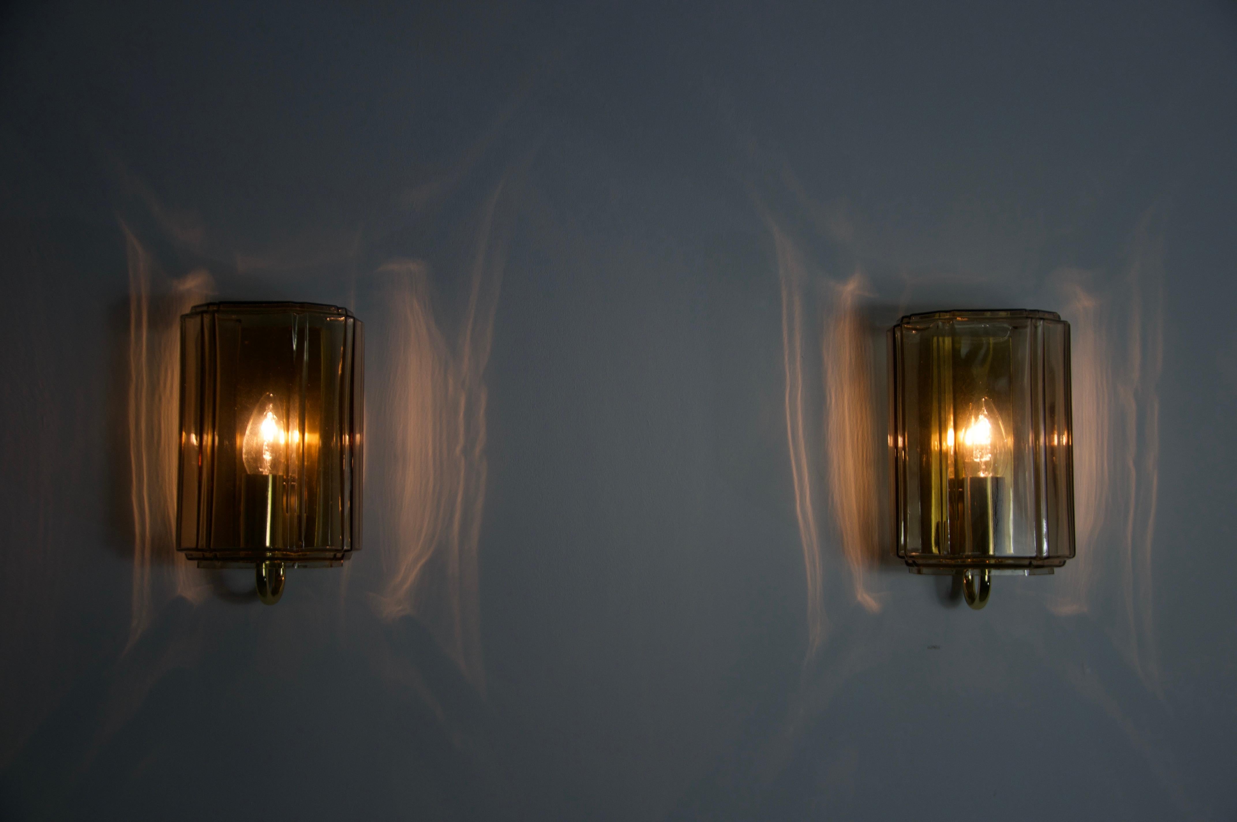 Pair of Brass and Glass Wall Lamps by Glashütte Limburg, 1960s For Sale 7
