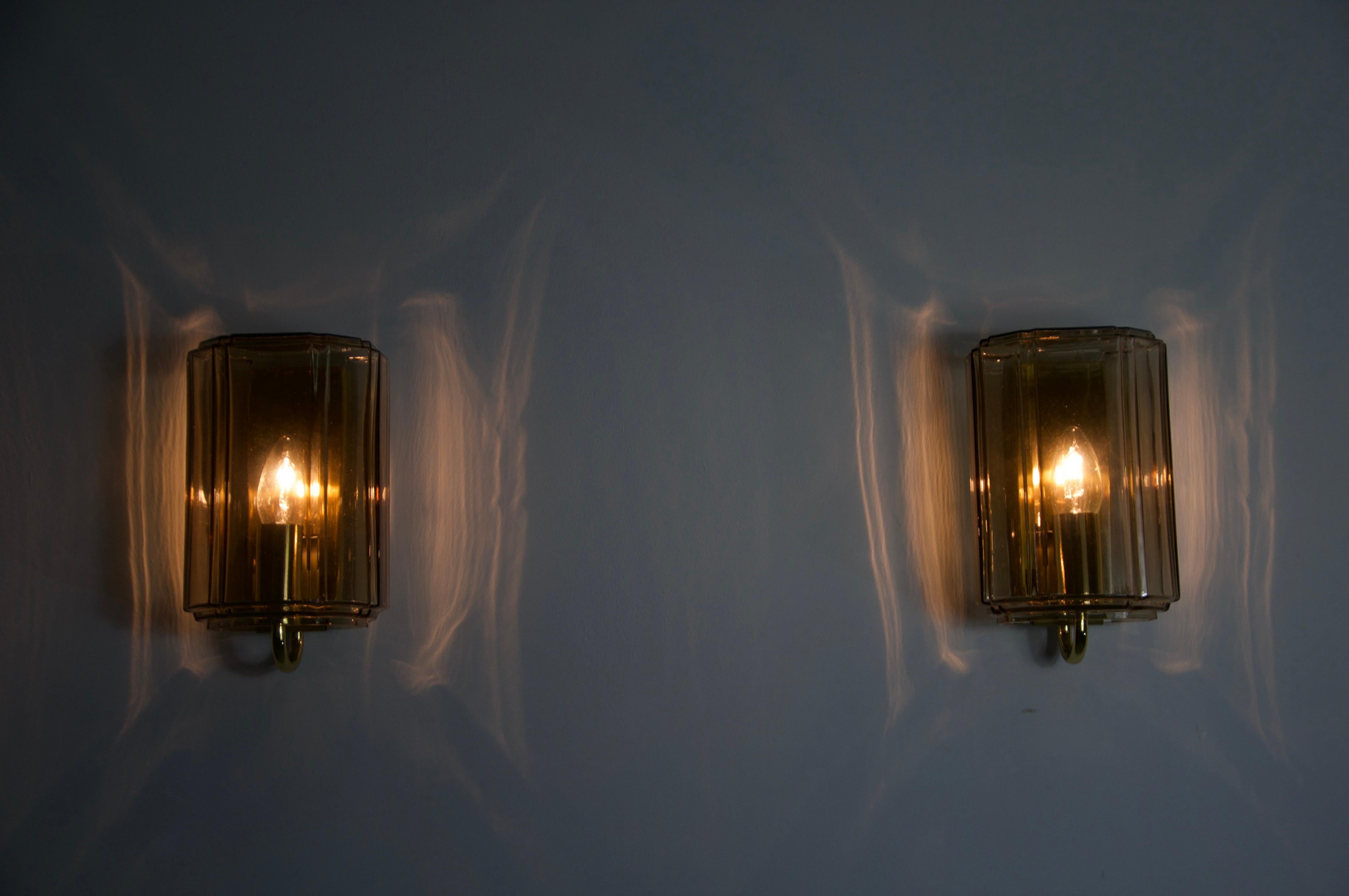 Pair of Brass and Glass Wall Lamps by Glashütte Limburg, 1960s For Sale 8