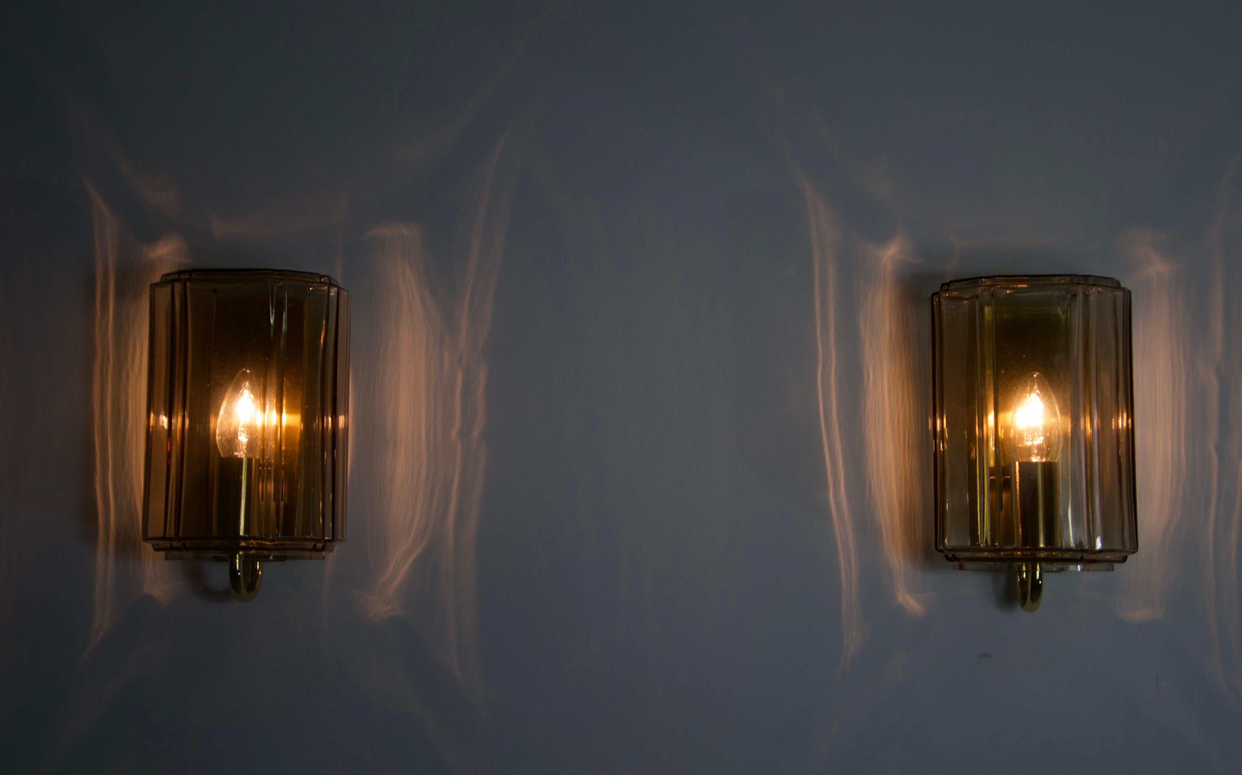 Pair of Brass and Glass Wall Lamps by Glashütte Limburg, 1960s For Sale 9