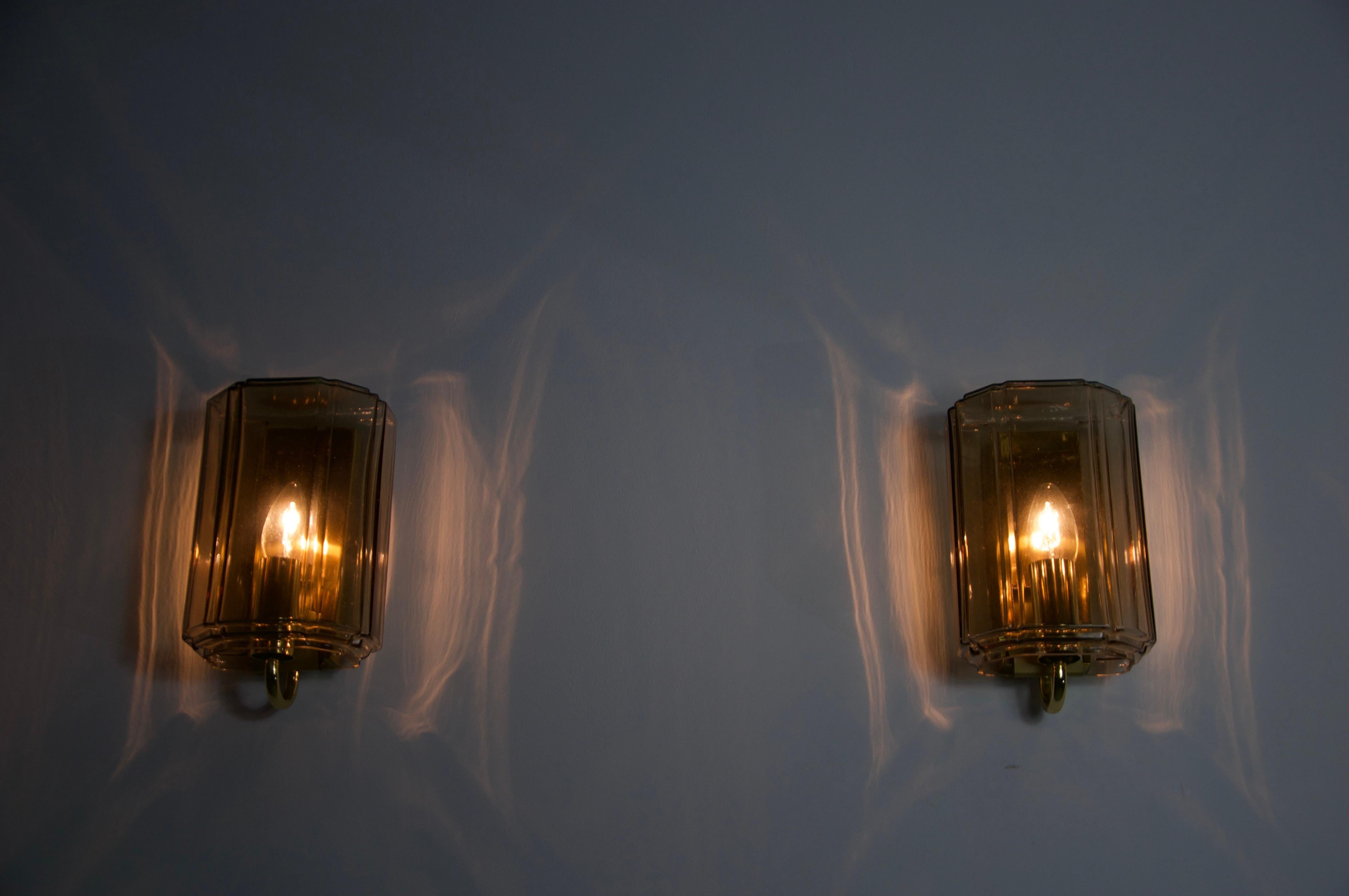 Pair of Brass and Glass Wall Lamps by Glashütte Limburg, 1960s For Sale 10