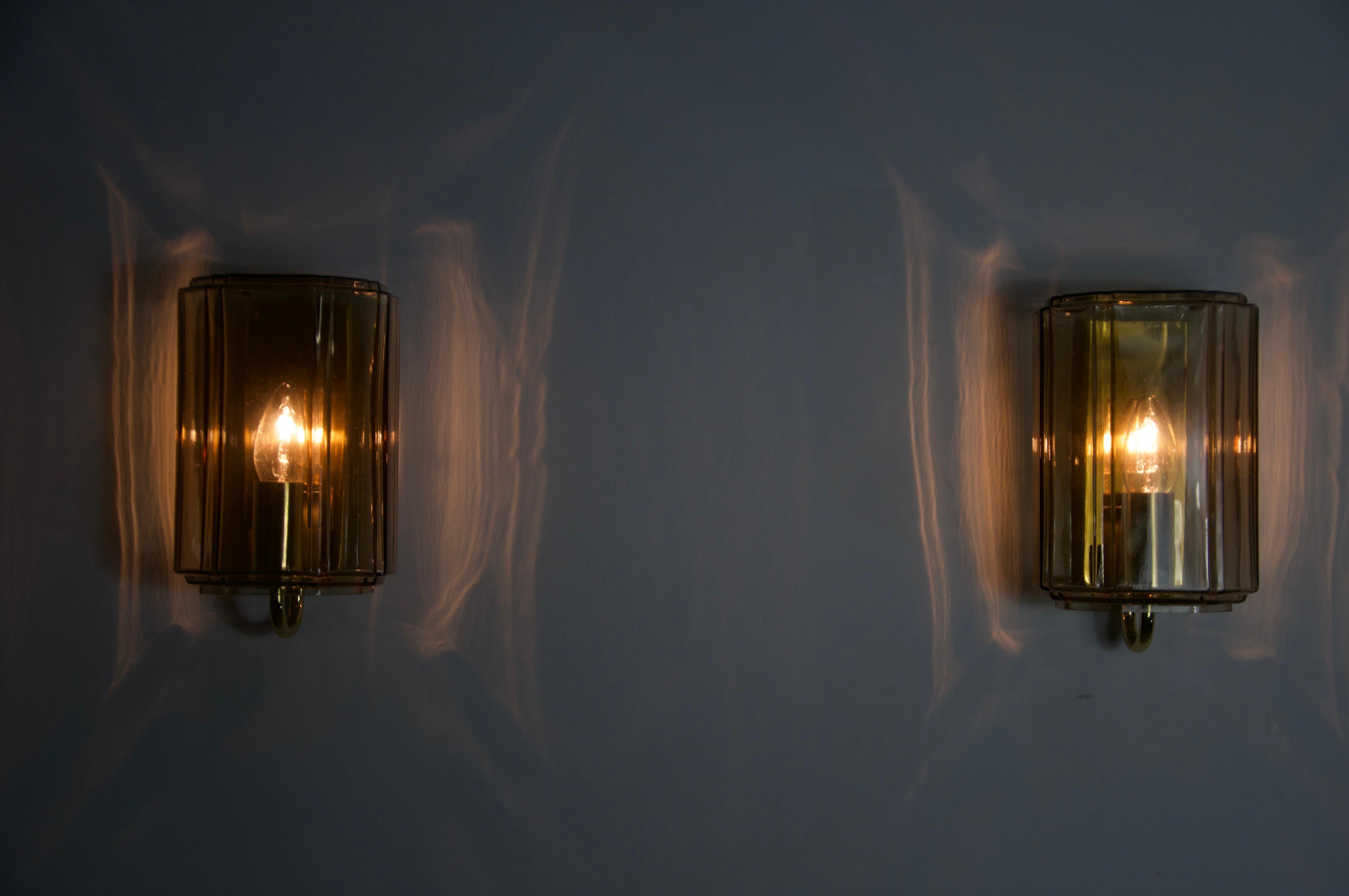 Pair of Brass and Glass Wall Lamps by Glashütte Limburg, 1960s For Sale 11