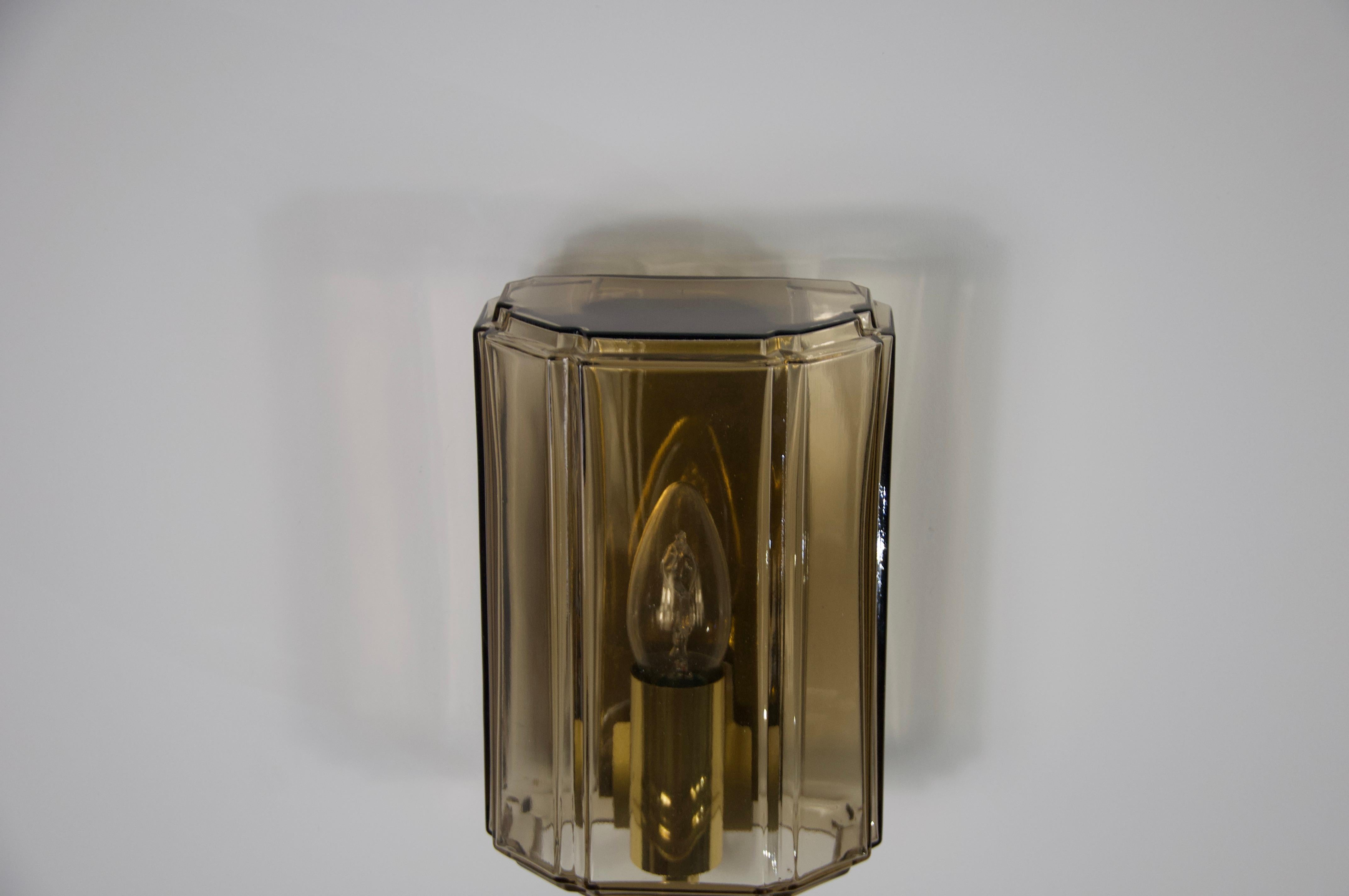 Mid-20th Century Pair of Brass and Glass Wall Lamps by Glashütte Limburg, 1960s For Sale