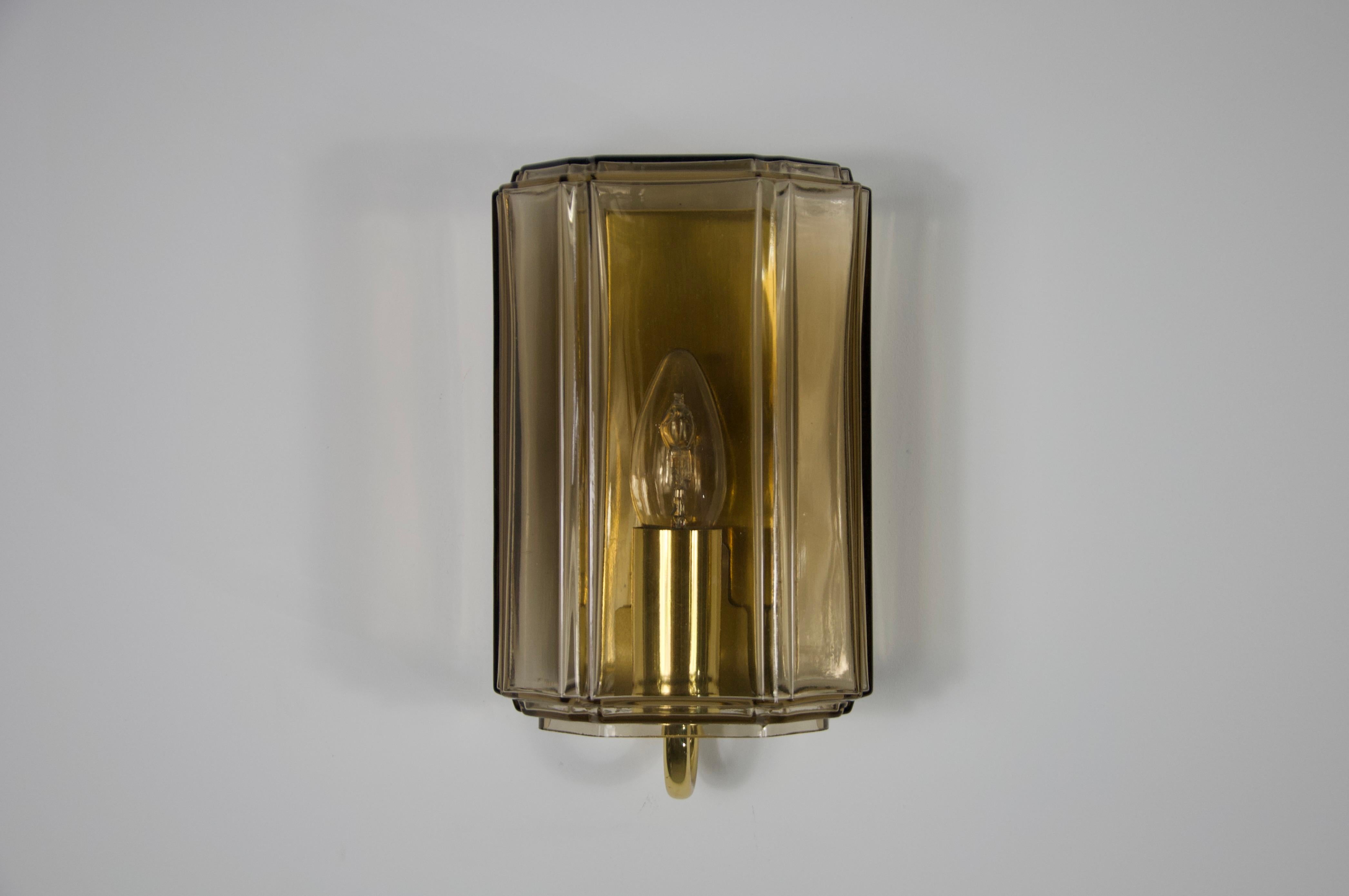 Pair of Brass and Glass Wall Lamps by Glashütte Limburg, 1960s For Sale 1