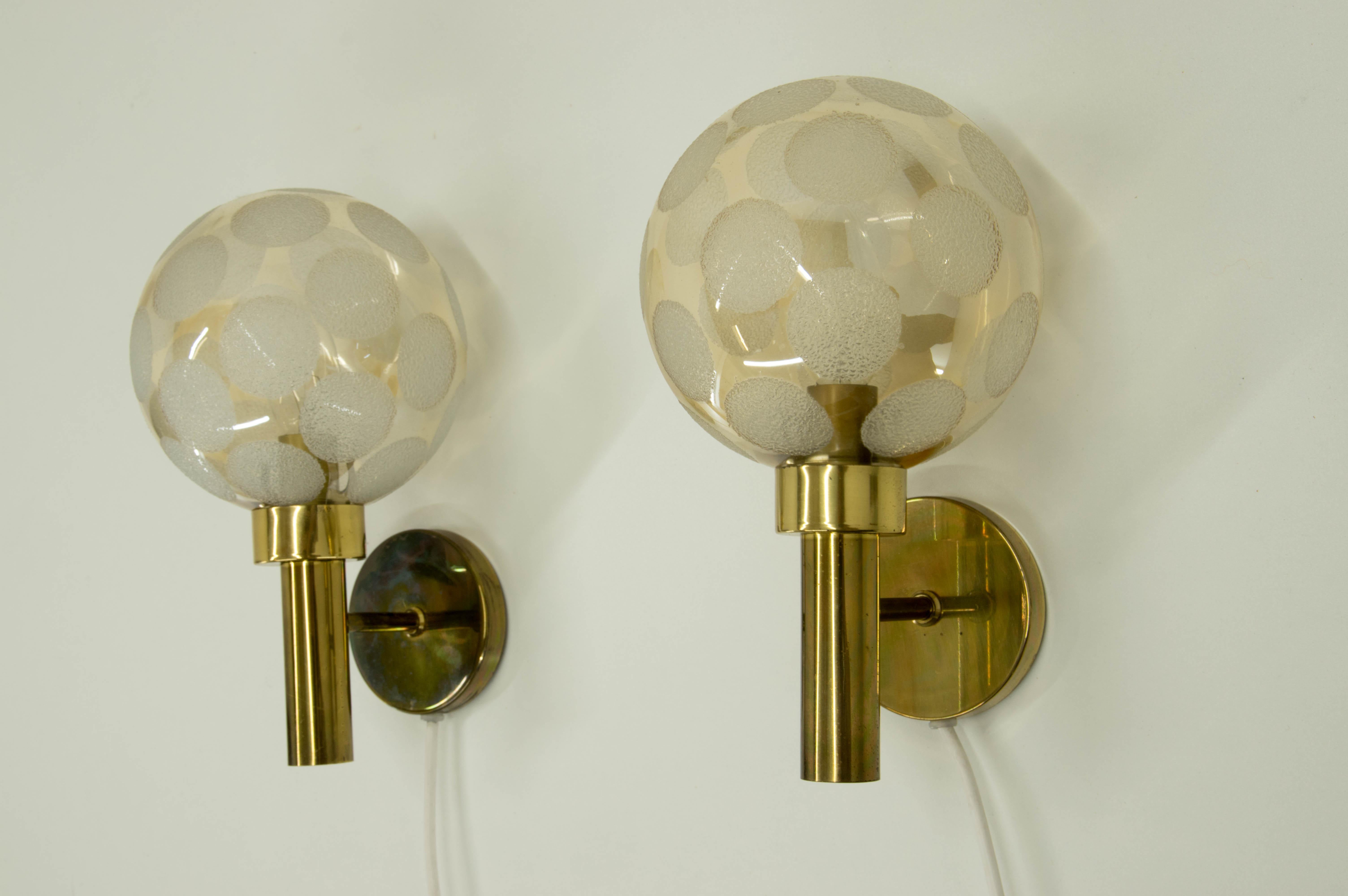 Mid-Century Modern Pair of Brass and Glass Wall Lamps, Denmark, 1970s For Sale