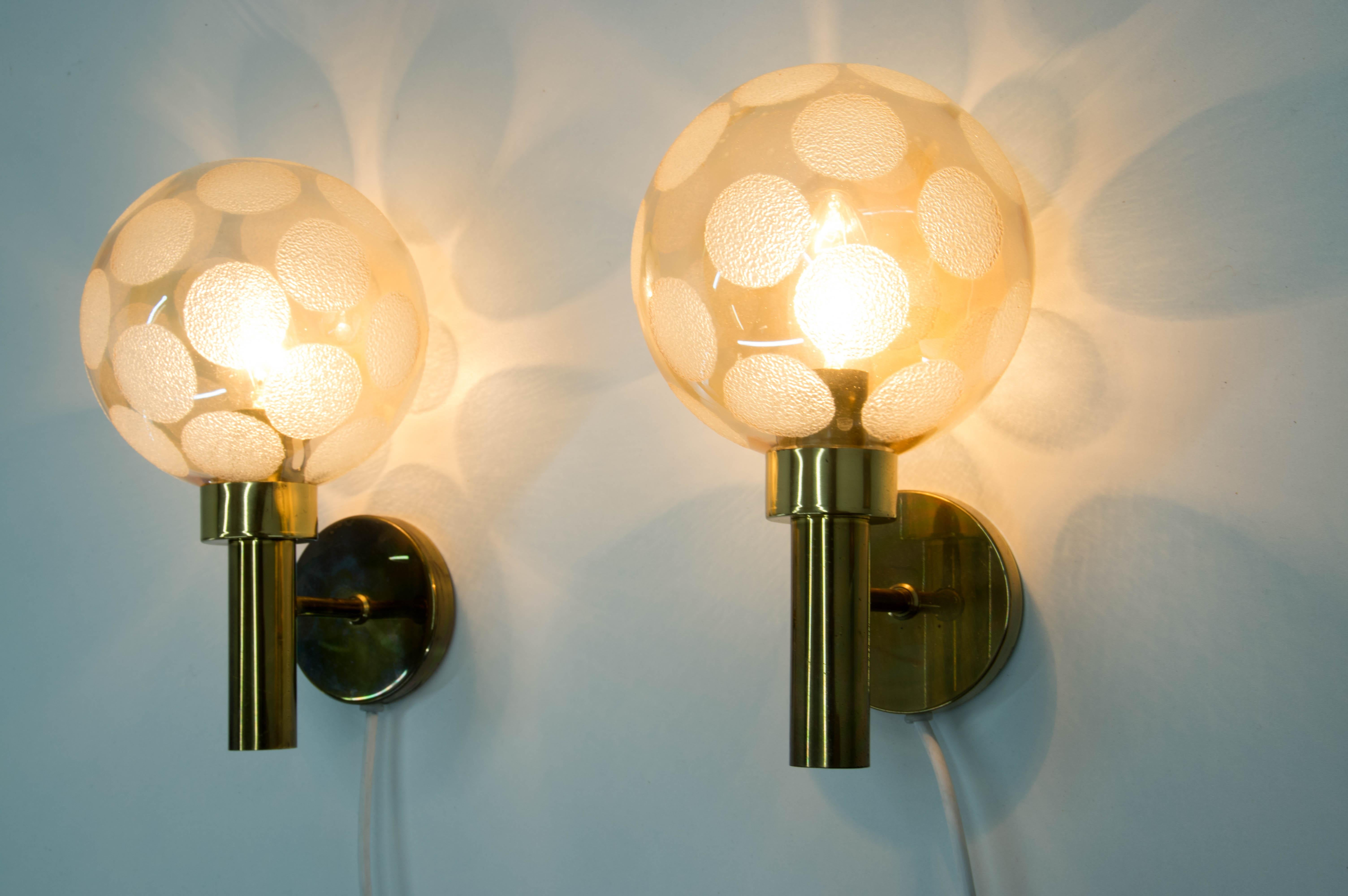 Danish Pair of Brass and Glass Wall Lamps, Denmark, 1970s For Sale