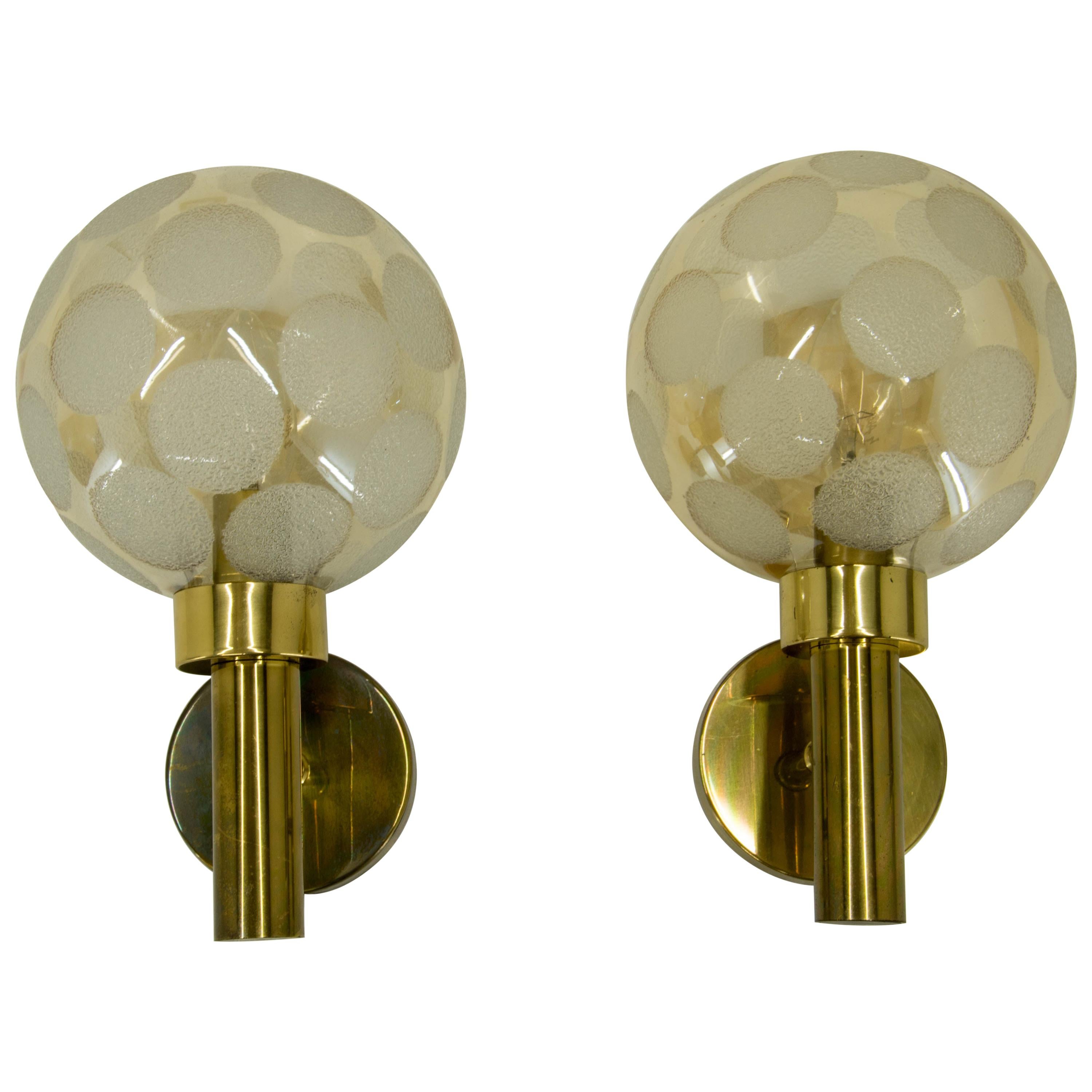 Pair of Brass and Glass Wall Lamps, Denmark, 1970s For Sale