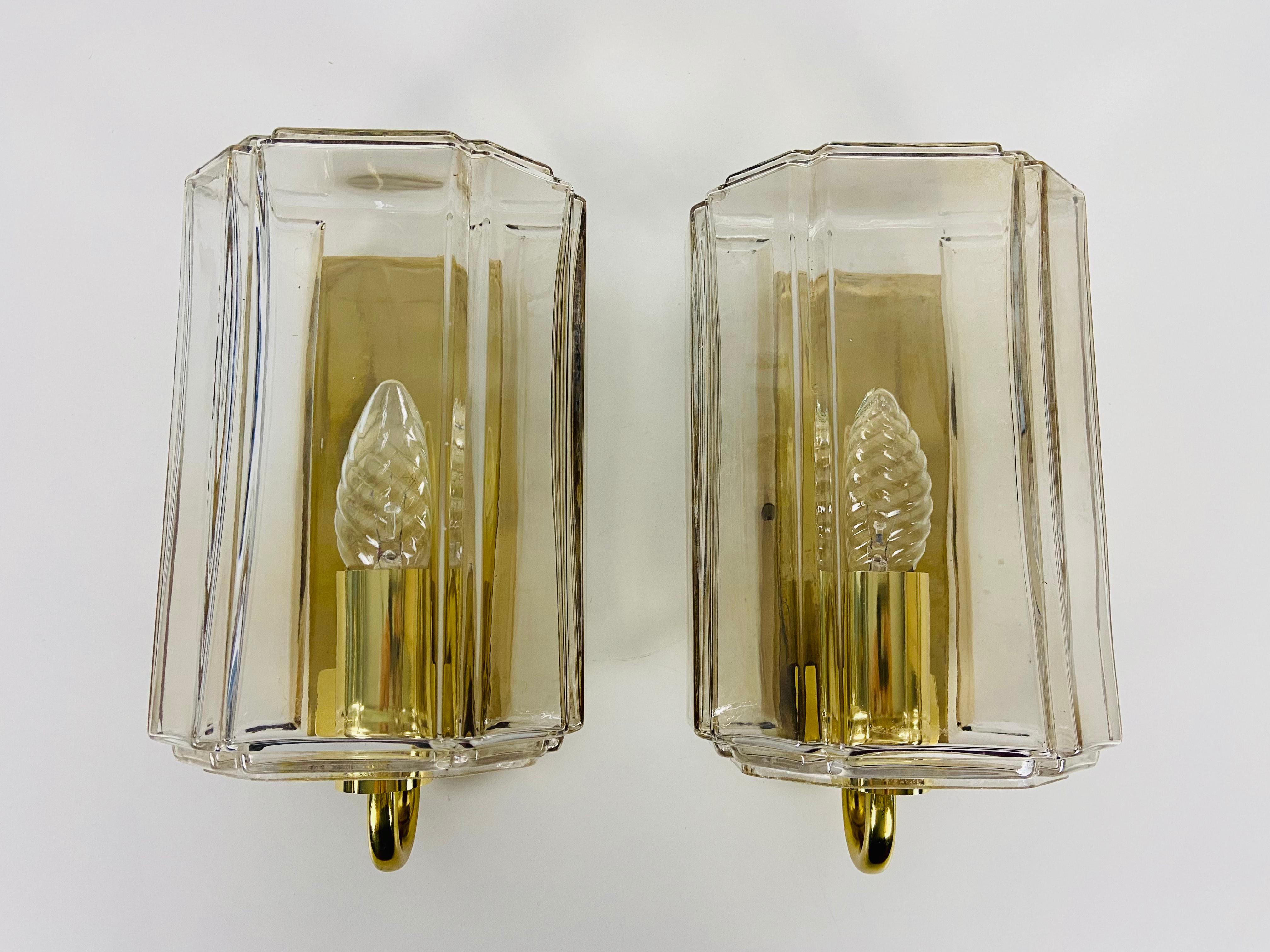 Mid-Century Modern Pair of Brass and Glass Wall Lights by Limburg, 1970s, Germany