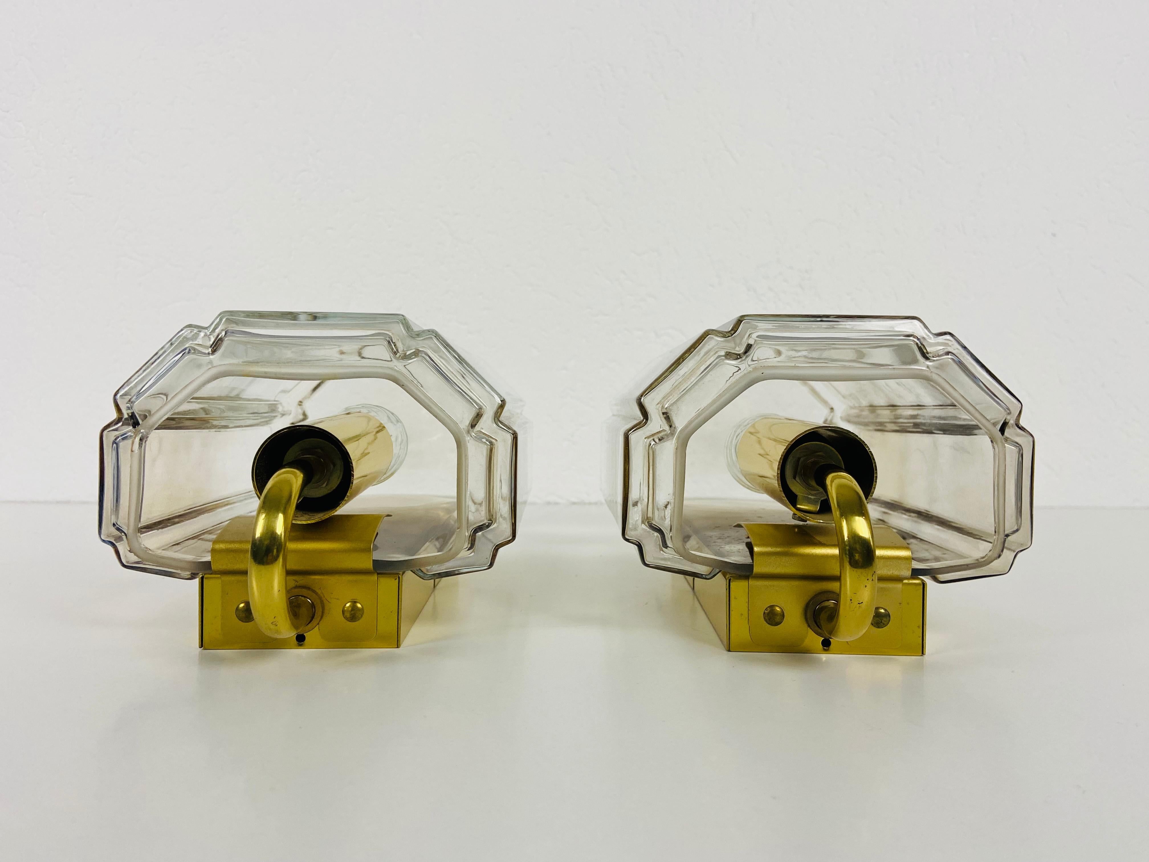 Pair of Brass and Glass Wall Lights by Limburg, 1970s, Germany In Good Condition In Hagenbach, DE
