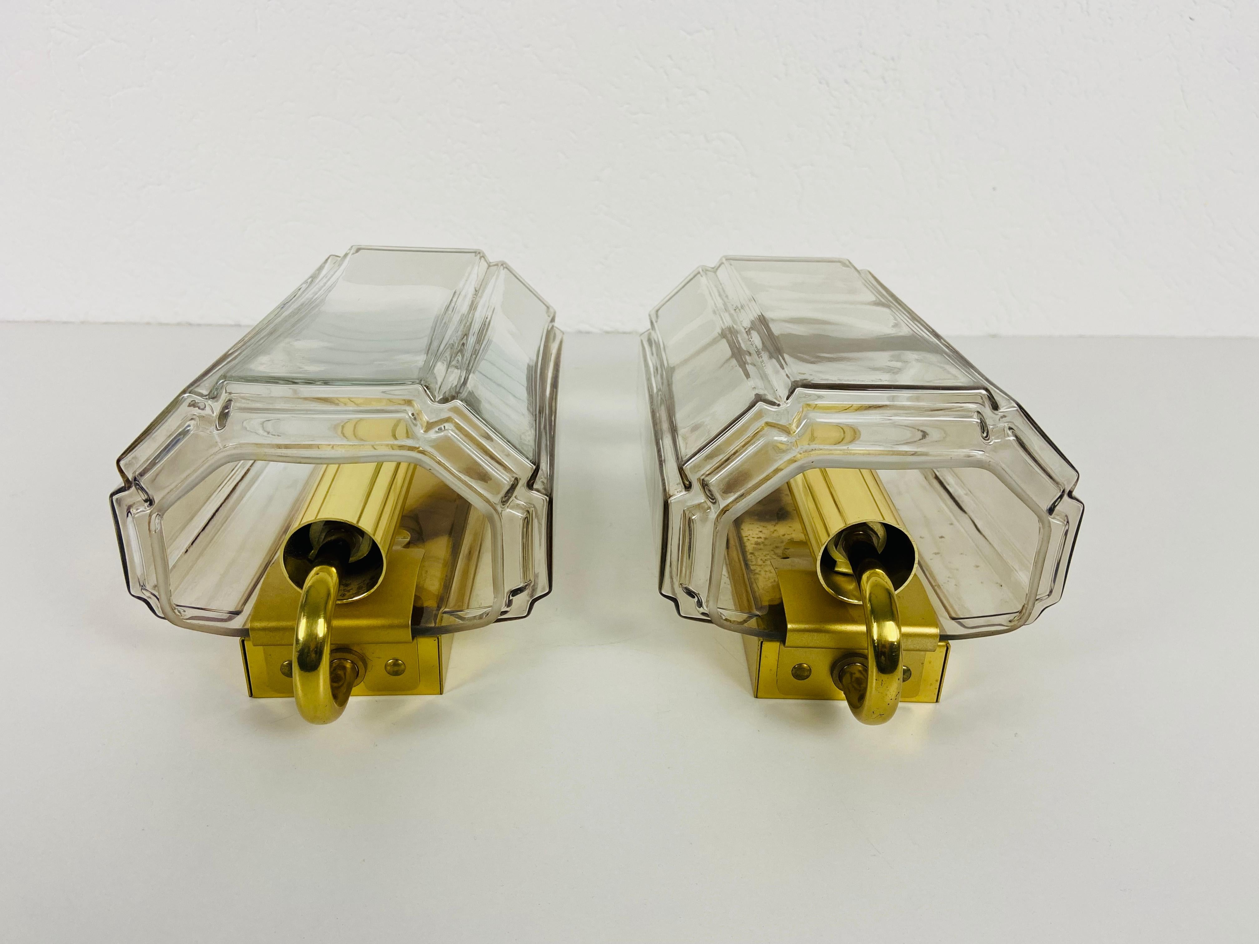 Late 20th Century Pair of Brass and Glass Wall Lights by Limburg, 1970s, Germany