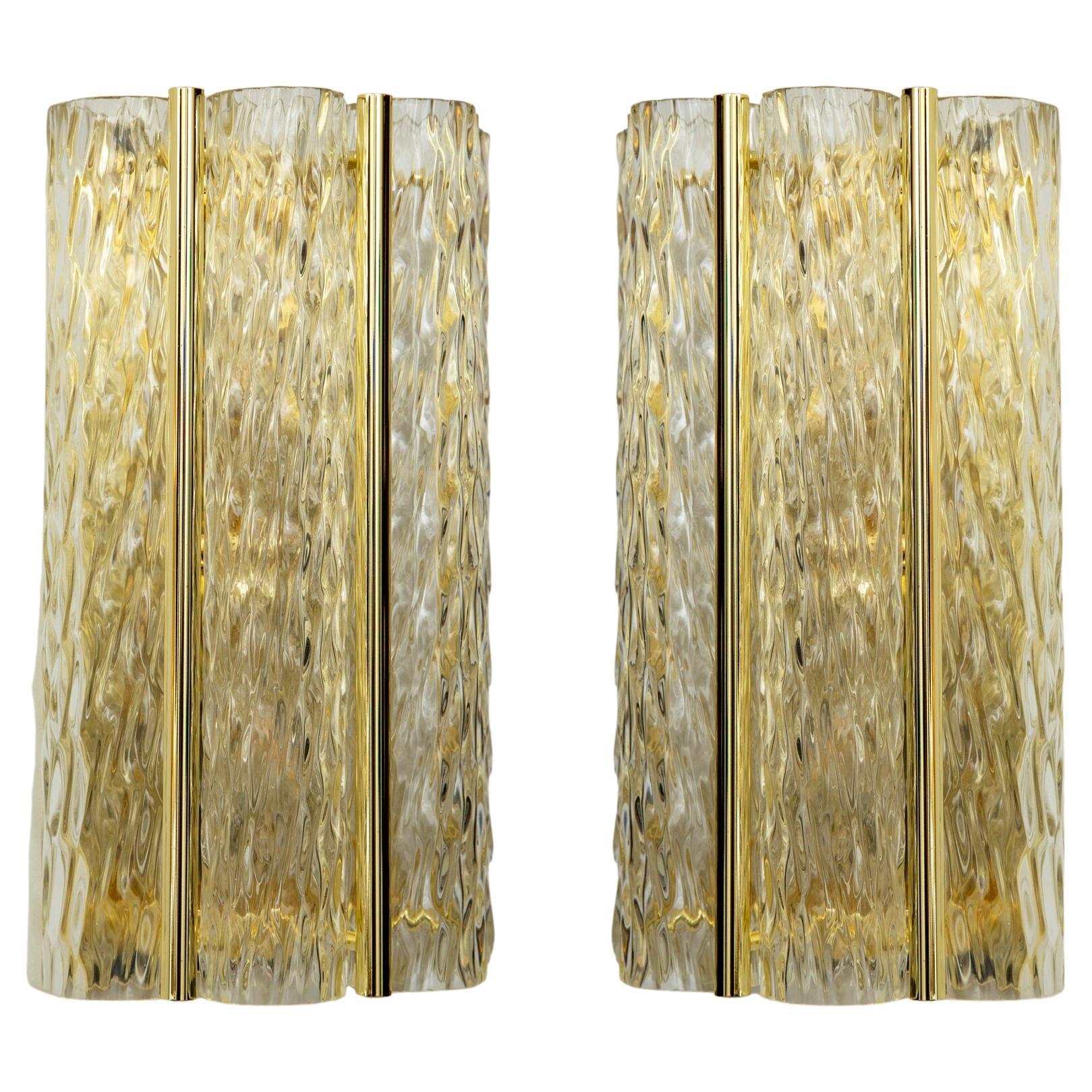 Pair of Brass and Glass Wall Lights, Italy 1980 in Stock For Sale